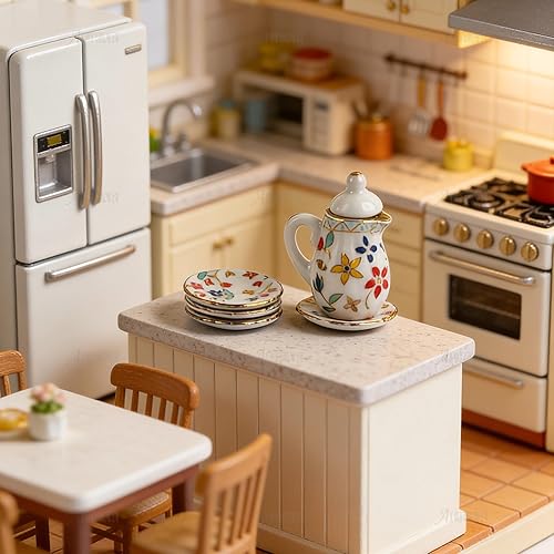 Miniatura 5 de AUEAR, Juego de 15 piezas de té de porcelana en miniatura 1:12 Miniatur Plato Taza Plato Accesorios Clásicos de Cocina (Patrón de Hoja Dorada)