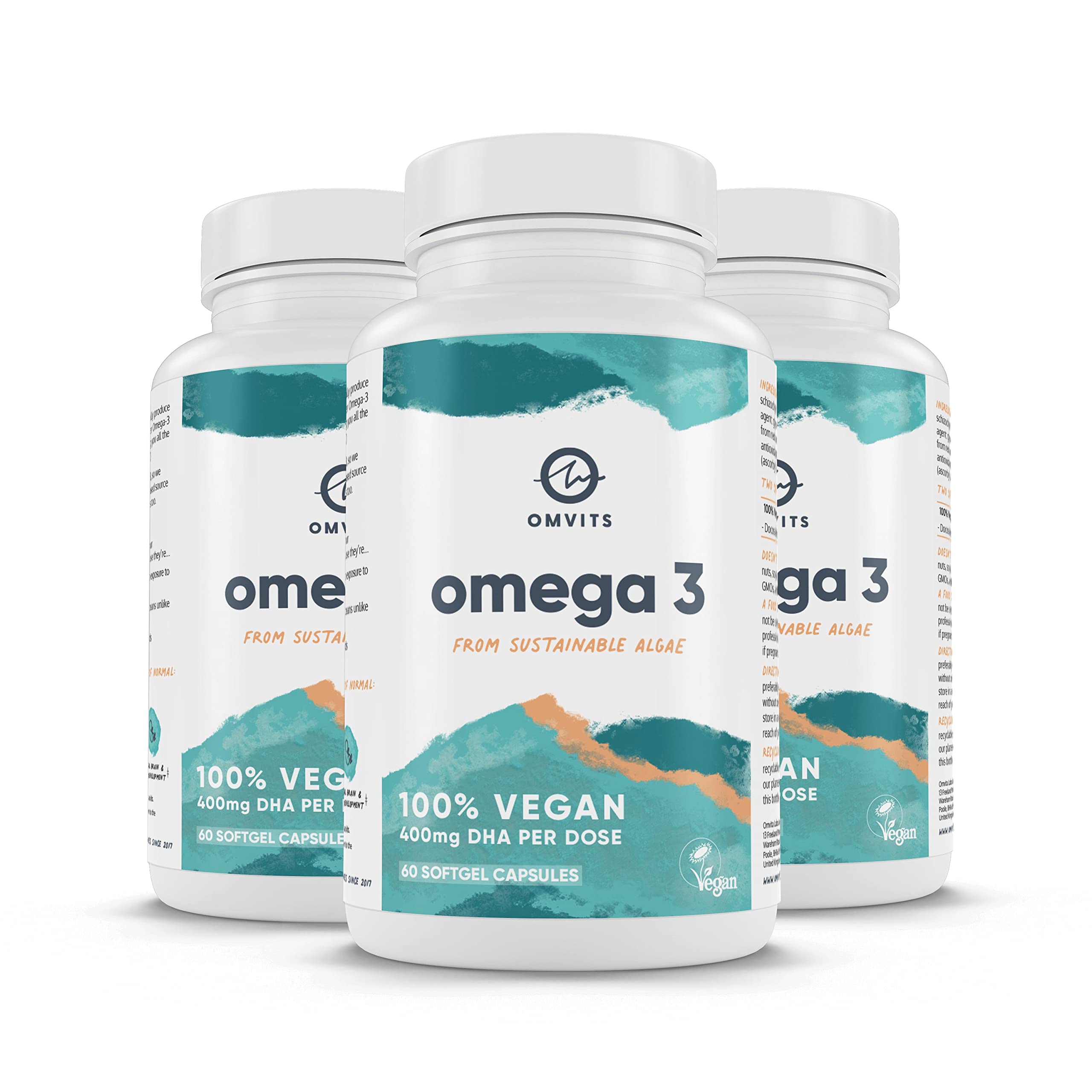 OmvitsVegan Omega 3 DHA from Algae Oil 1000mg - 180 Softgel s with  E - Sustainable Algal Alternative to Fish Oil - Vegetarian Essential ty s - Supports Heart, Brain & Eyes