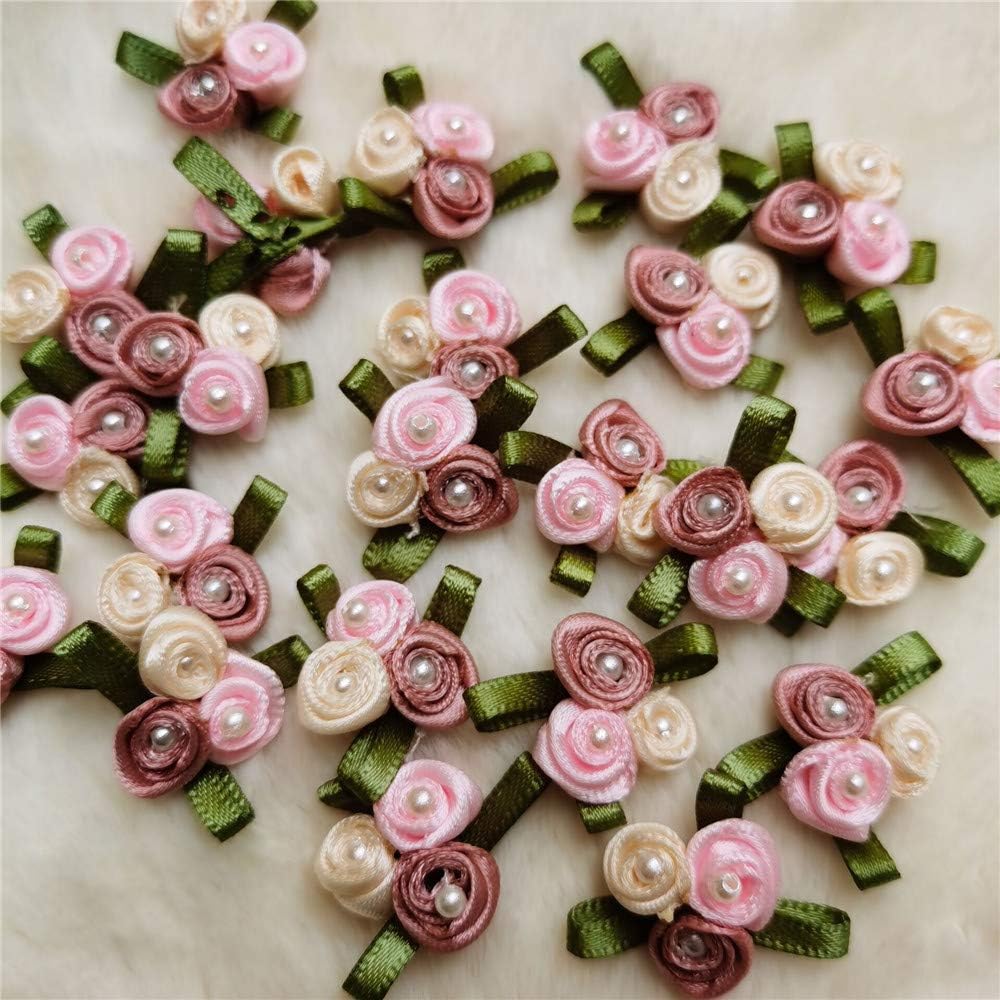 50pcs Mini Handmade Satin Fabric Ribbon Bows Roses Flowers Pearl Craft Artificial Ornament Applique Sewing Craft DIY Accessories Wedding Decoration