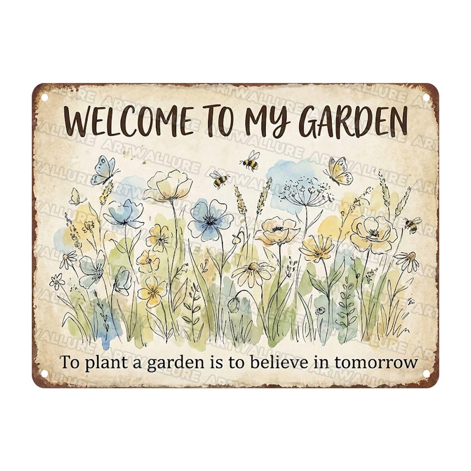 Watercolor Wildflower Garden Welcome Sign Soft Floral Metal Tin Butterfly Bee Wall Decor To Plant a Garden is to Believe in Tomorrow Botanical Art for Sunroom Balcony Nursery 12x16Inch