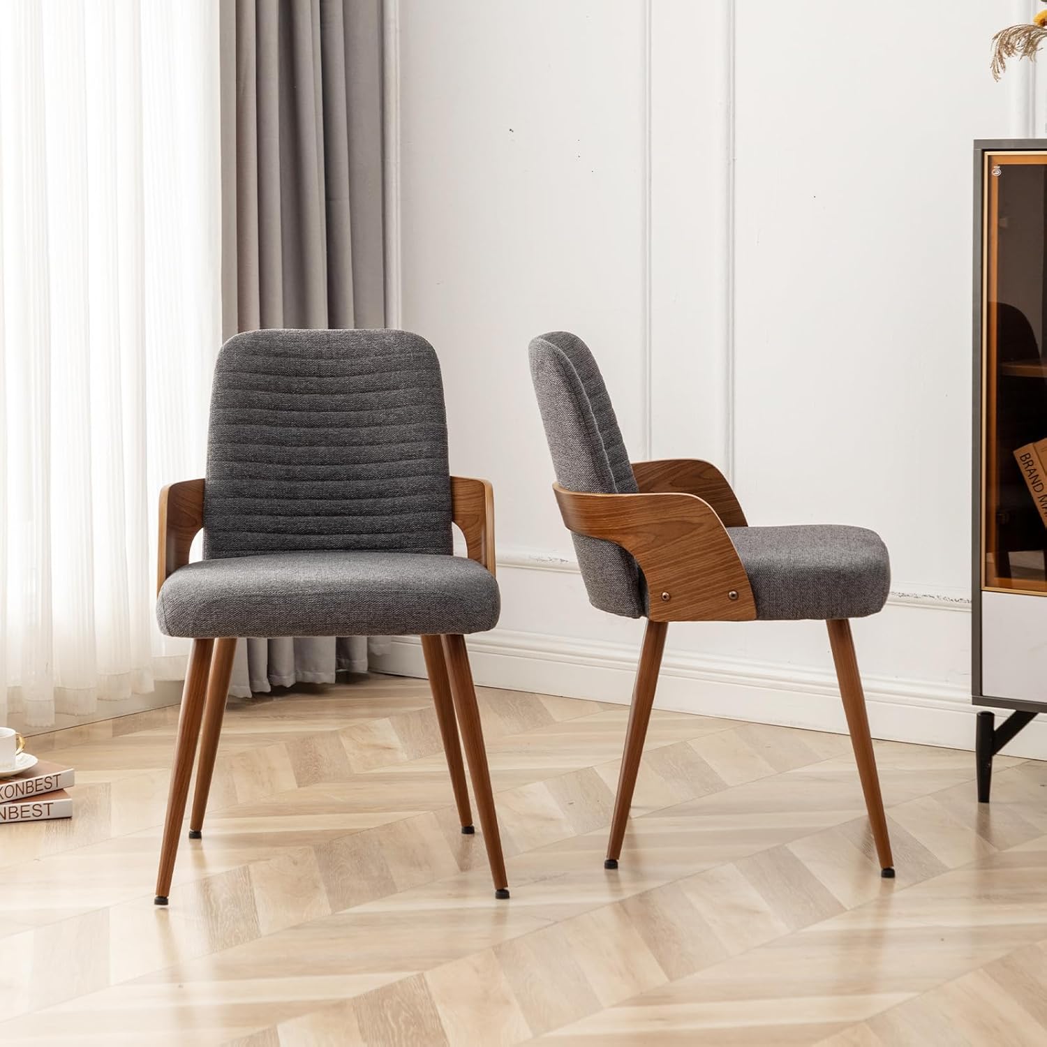 Dining Room Chairs,Mid Century Modern Kitchen Chairs,Upholstered Accent Chairs,Metal Legs Wooden Desk Chairs,Armless and No Wheels for Kitchen Dining Living Room,Gray Fabric,1PCS