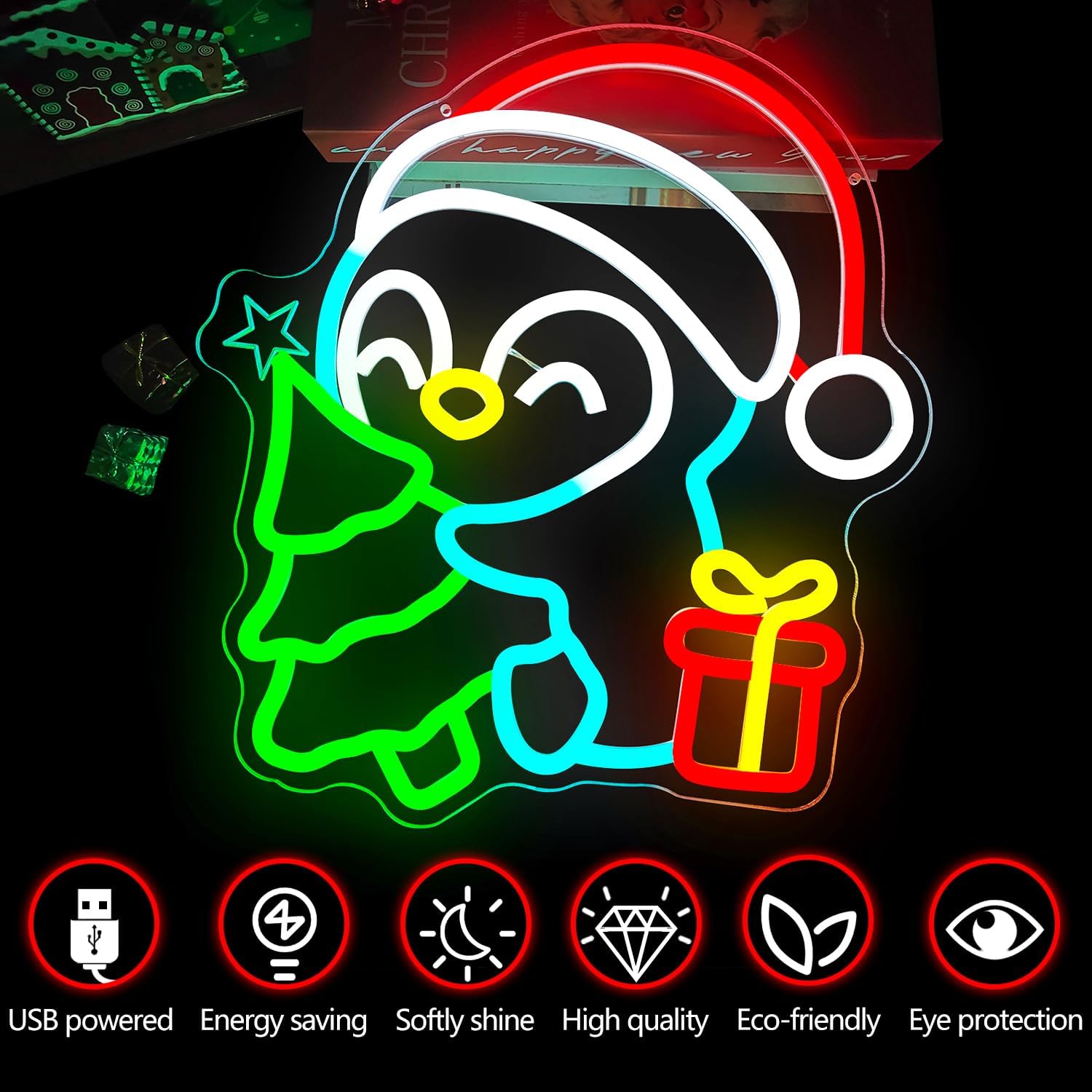 Christmas Penguin Neon Sign for Wall Decor Penguin Christmas Decorations Dimmable Light Up sign for Window Led Signs for Gifts - Image 4