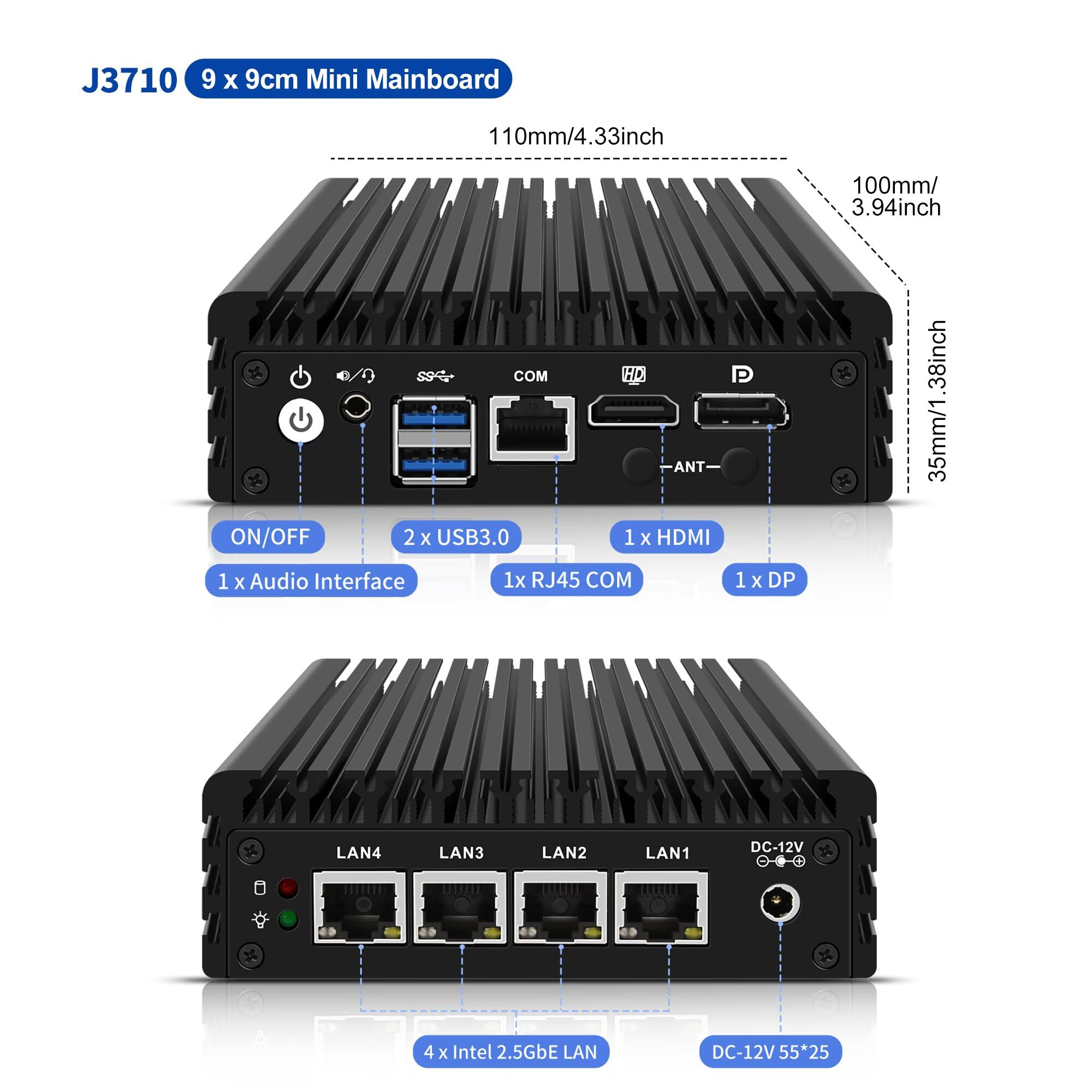 Mini PC Lüfterlos J3710 Micro PC Firewall Hardware Anwendungsrouter, DDR3 8GB RAM 128GB SSD, 4 x 2.5GBE Ethernet-Ports, 2 x USB 3.0, X86-P6 HD DP Unterstützung für OPNsense