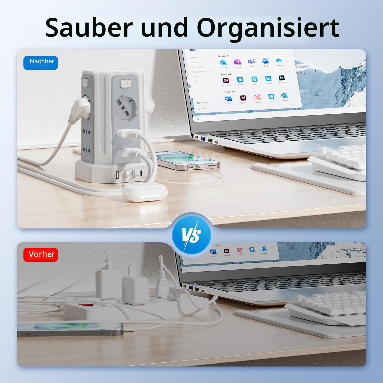 Steckdosenleiste mit 12 Universalsteckdosen ITA 10/16A und Schuko und 3 USB A+1 USB C Überspannungsschutz mit 4 unabhängigen Schaltern, Weiß