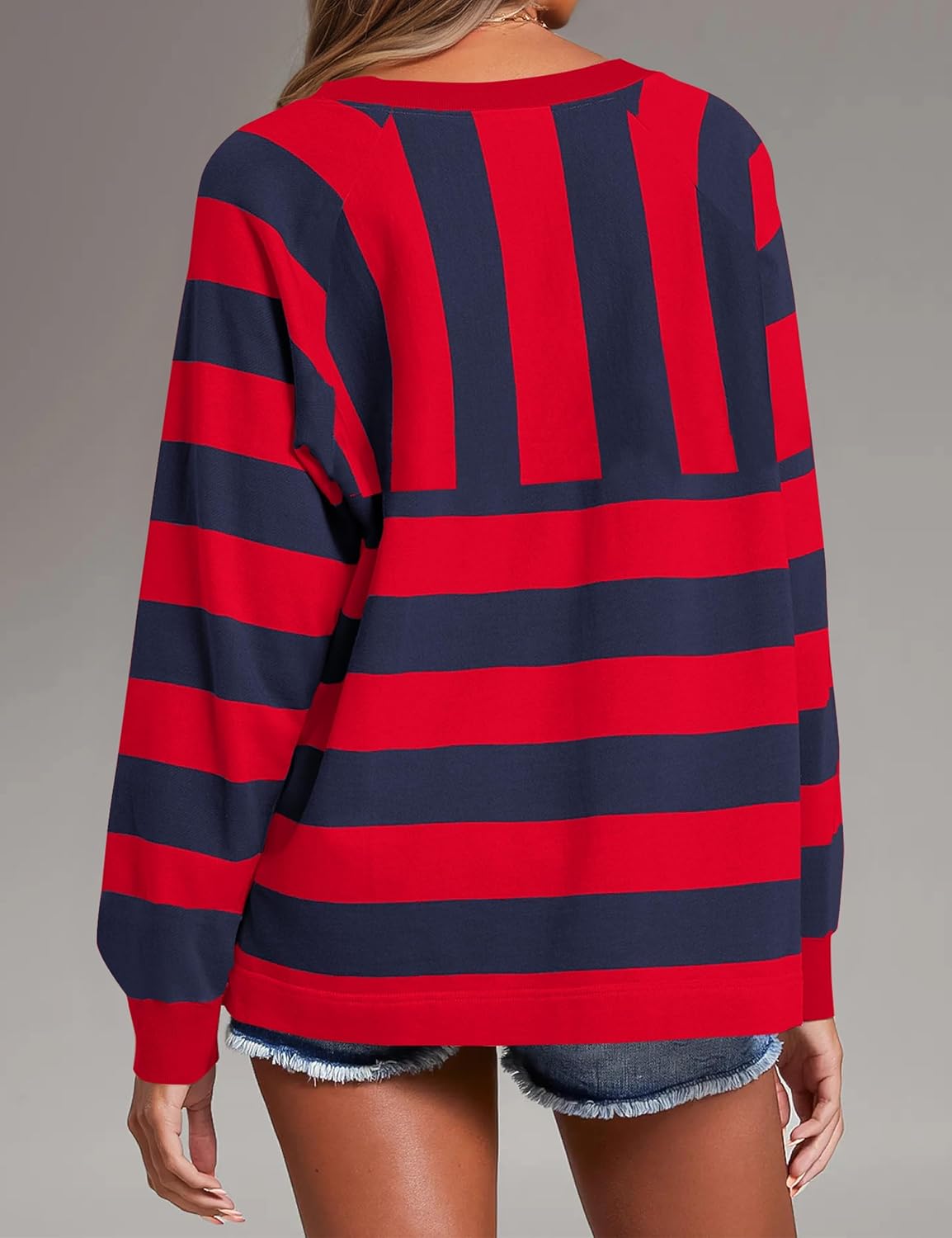 Women Oversized Striped Sweatshirt Crewneck Long Sleeve Striped Shirts Color Block Y2k Pullover Fall Fashion Top Navy Red - Image 2