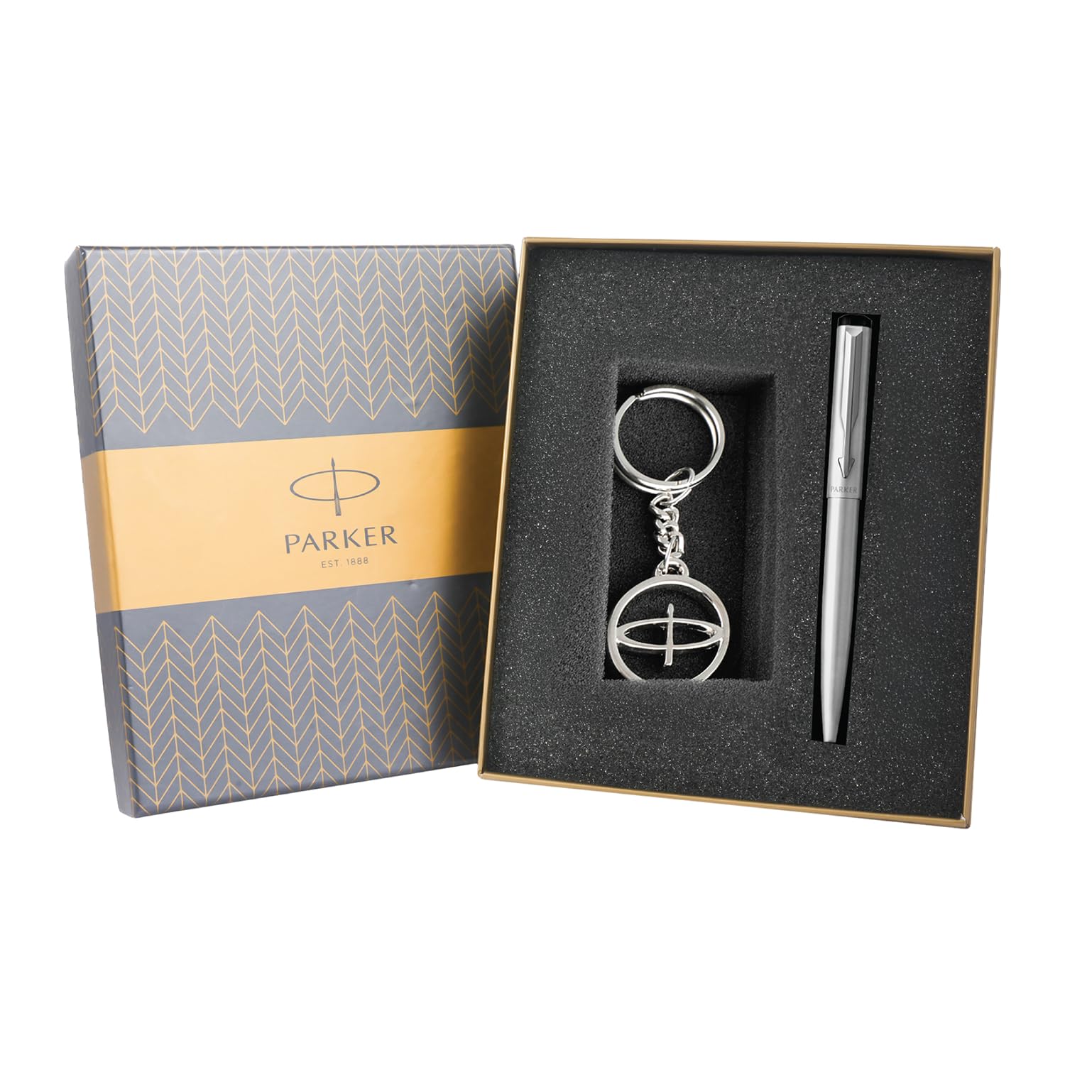 Parker Vector Stainless Steel Pen with Key Chain, Blue Ink - Image 1