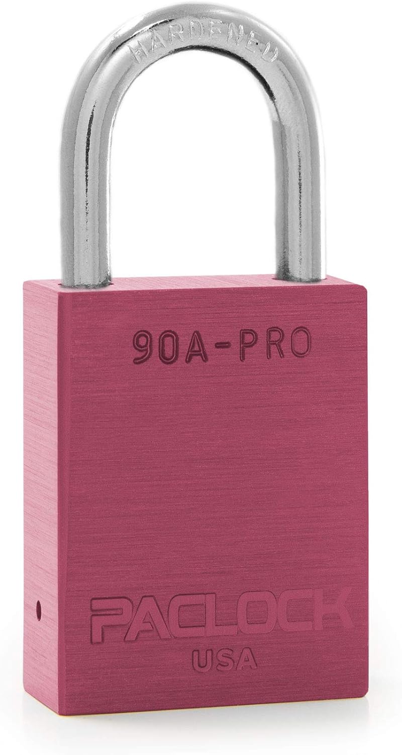 PACLOCK's 90A-PRO Padlock, 1/4" Diameter Hard. Steel Shackle, 1-3/16" Tall, High Performance 7-Pin Cylinder w/ 1 Key, Keyed Differently, Pink
