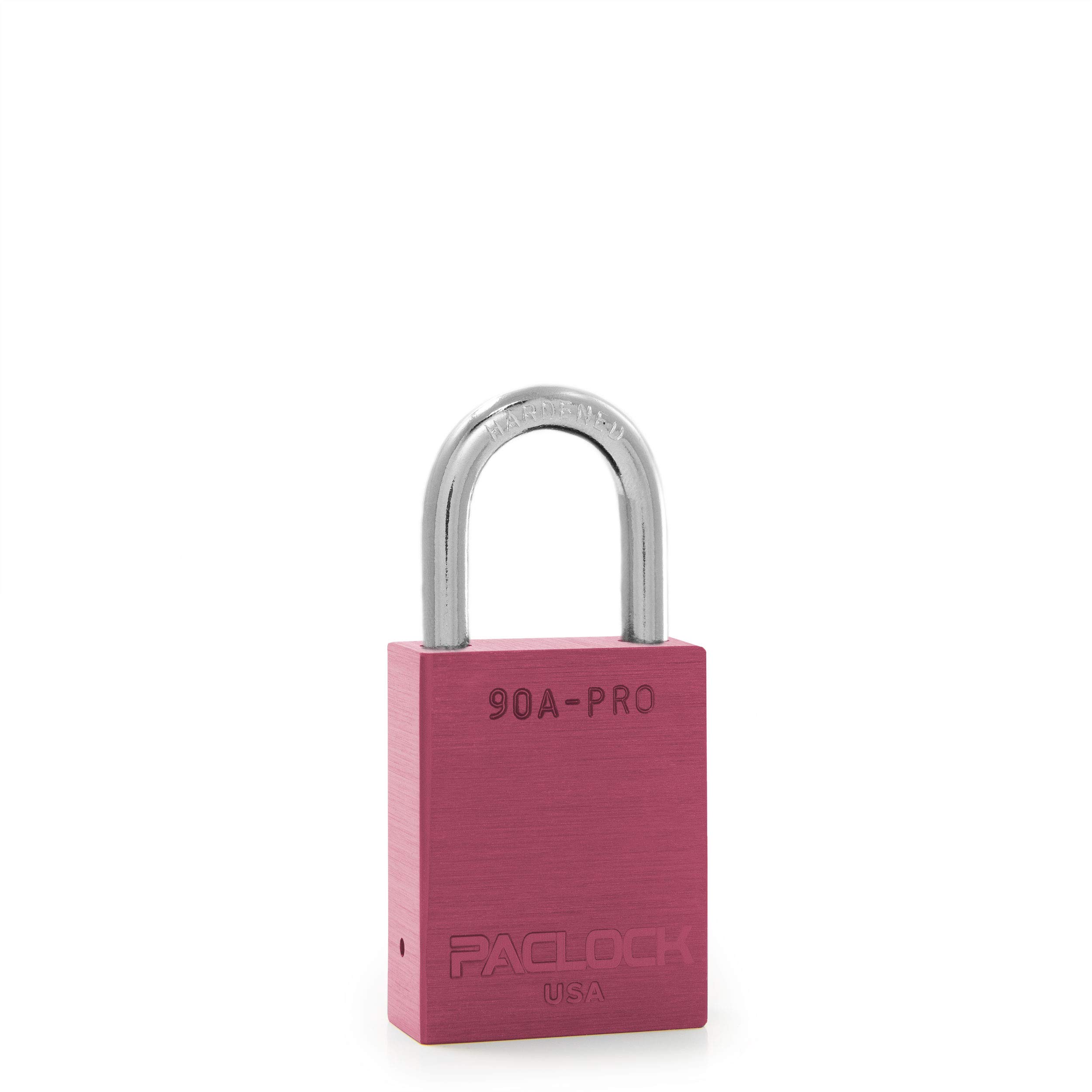 PACLOCK's 90A-PRO Padlock, 1/4" Diameter Hard. Steel Shackle, 1-3/16" Tall, High Performance 7-Pin Cylinder w/ 1 Key, Keyed Differently, Pink