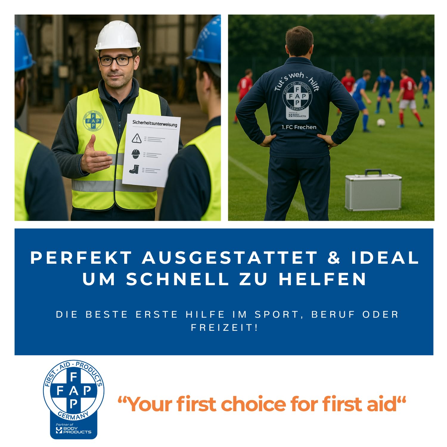 First Aid Products | Erste Hilfe Koffer LARGE Orange | Inkl. DIN 13169:2021 Füllung 167-teilig | ABS-Kunststoff, Schlagfest & Spritzwassergeschützt | Wandhalterung | für große Betriebe