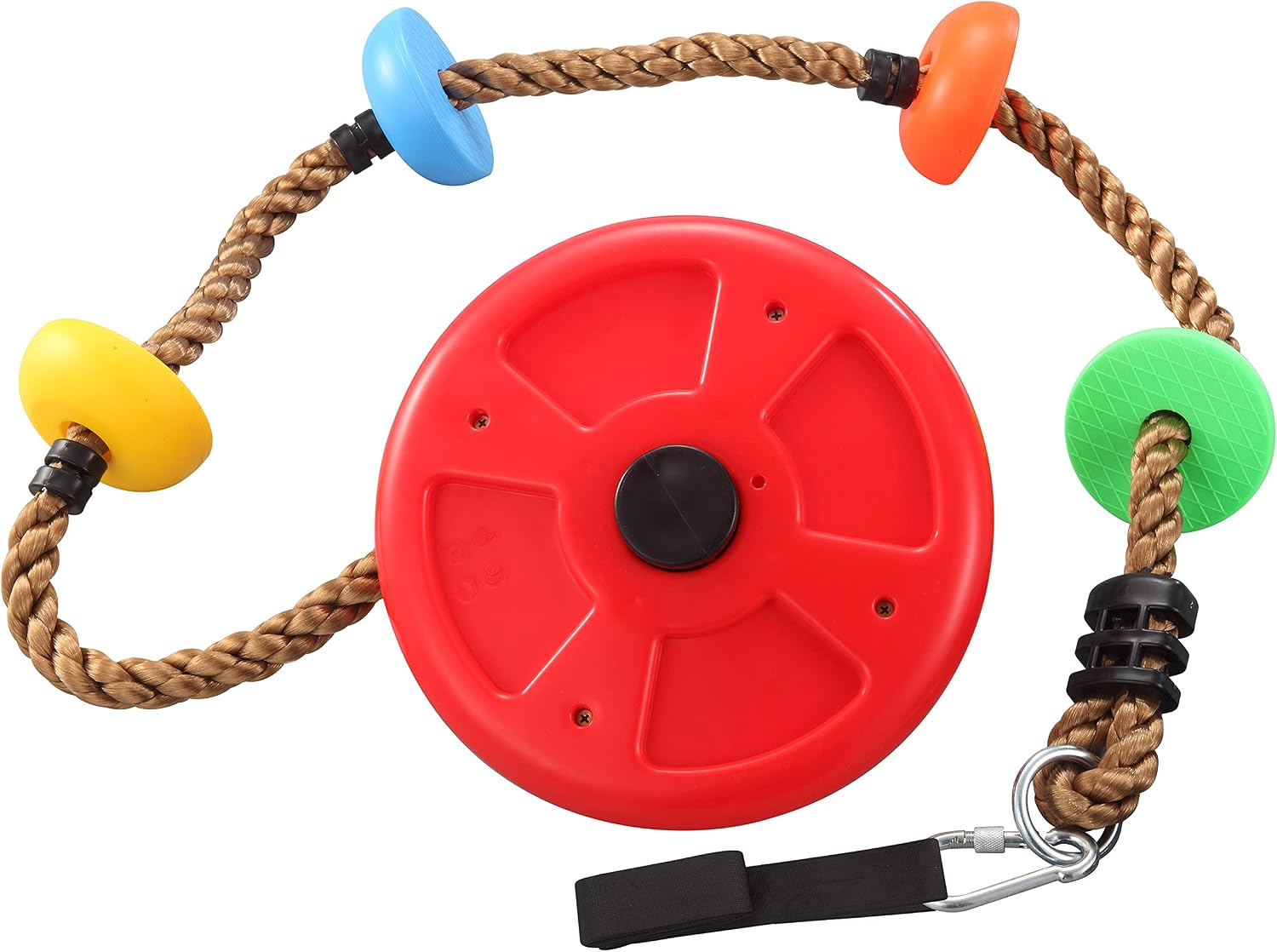 TURFEE Tree Swing for Kids, Single Disk 6 Ft Outdoor Climbing Rope, Carabiner & 4 Ft Tree Strap, Playground Accessories - Multi-Colored Disc Swing Seat-Red
