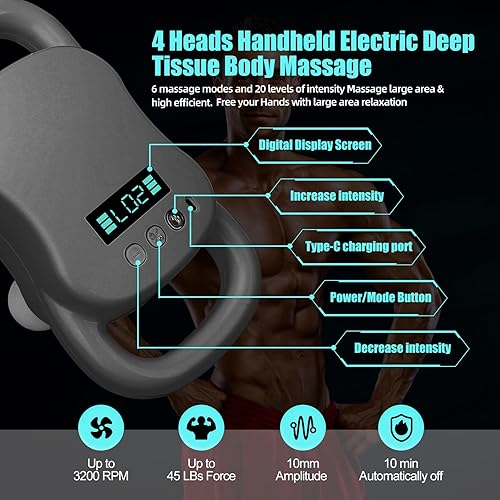 Miniatura 2 de DEITY Pistola de masaje de tejido profundo, masajeador corporal eléctrico de mano de 4 cabezas, masajeador de percusión para aliviar el dolor,