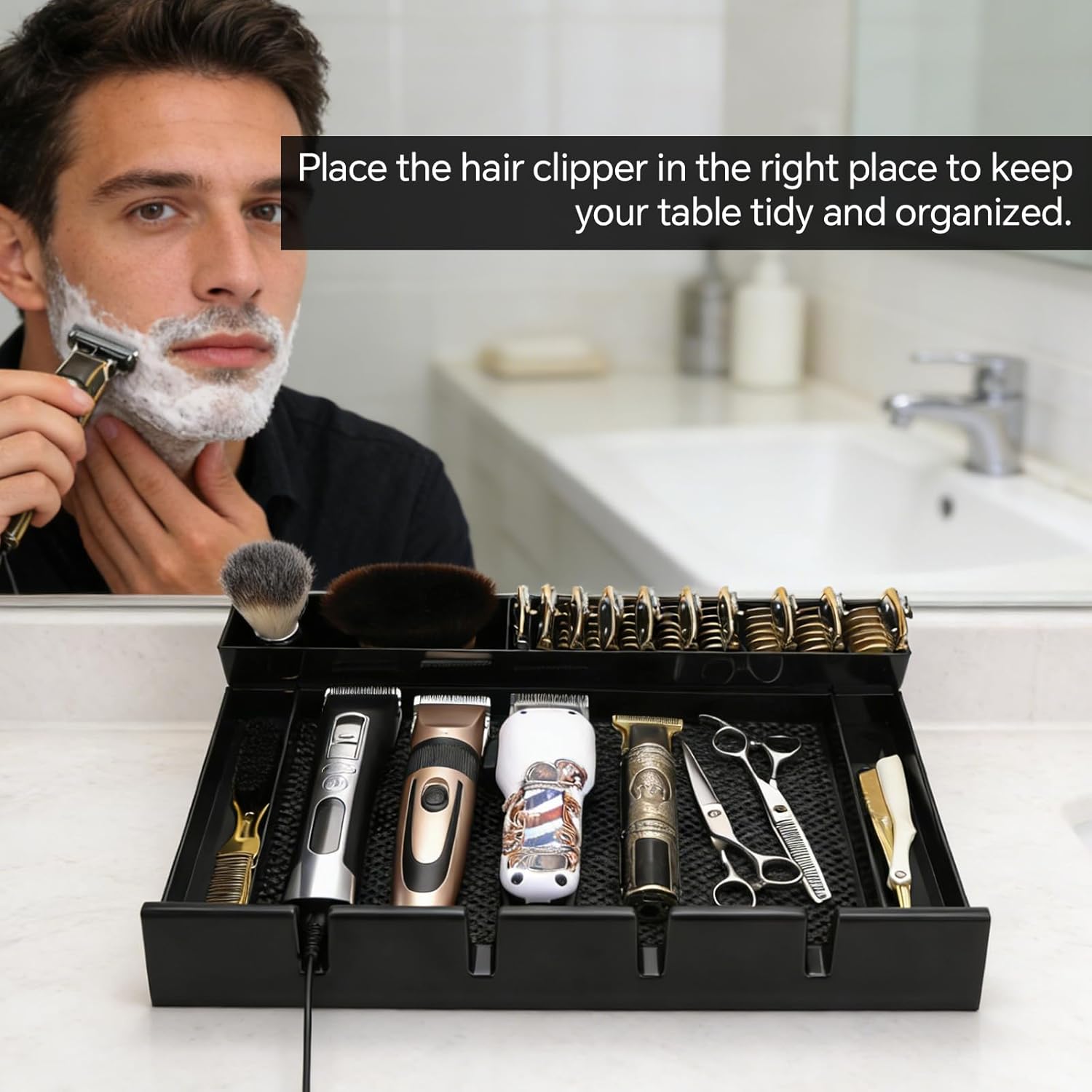 Clippers Tray Station, Multifunctional Hair Trimmer Holder for Barber & Salon and Homes, Combs/Clips/Razors Clipper Guards Holder Stylist Station Organizer (15.7" x 11" x 2.6")