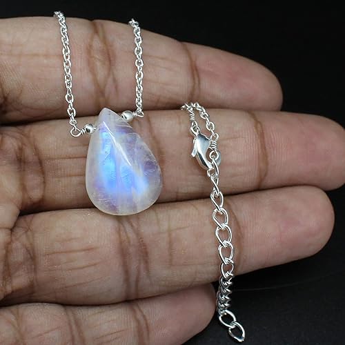 Miniatura 5 de Gempires Rainbow Moonstone Pear Pendant Necklace, Teardrop Pendant, June Birthstone Jewelry, 16 + 2 Inch Silver Plated Adjustable Chain