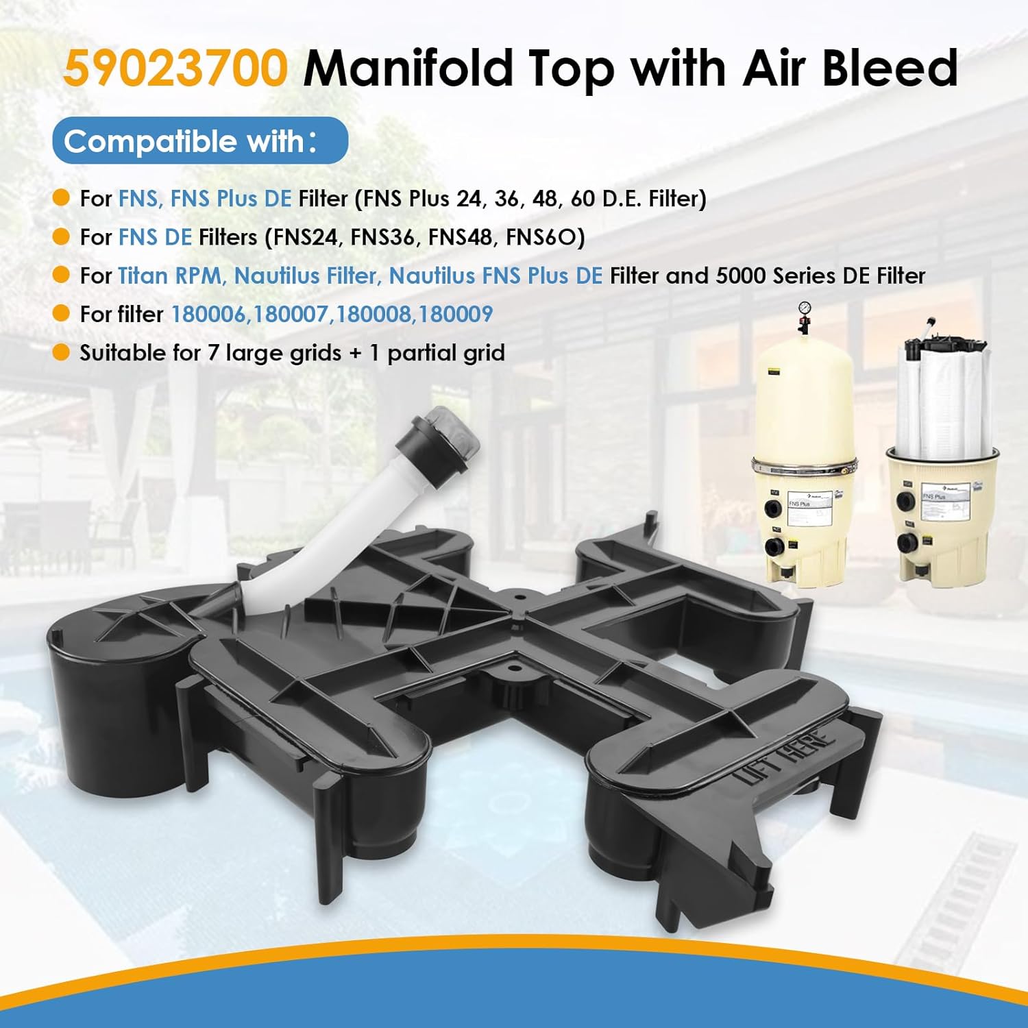 59023700 Manifold Top with Air Bleed, Compatible with FNS Plus 24, 36, 48, 60 Pool and Spa D.E. Filter, Replace# V38-140 and 25357-600-000 Pentair Pool Filters