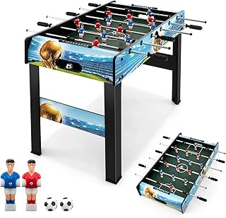 HOMASIS Futbolín de Mesa para niños y Adultos, Juego de fútbol con Patas Desmontables, 2 balones, 14 chutadores y 2 contadores de Puntos, Futbolín para reuniones de Fiesta, 94x81x68,5cm, Negro+Azul