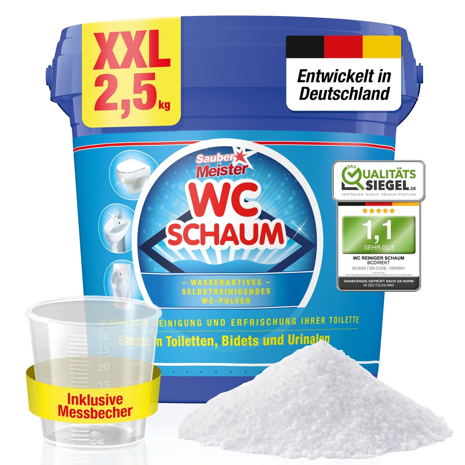 SAUBER MEISTER WC SCHAUMREINIGER PULVER – Extra starker WC Schaum für gründliche Sauberkeit – Kraftvoller WC-Reiniger gegen Kalk & Urinstein – Selbstreinigende Pulverform – 2,5 kg