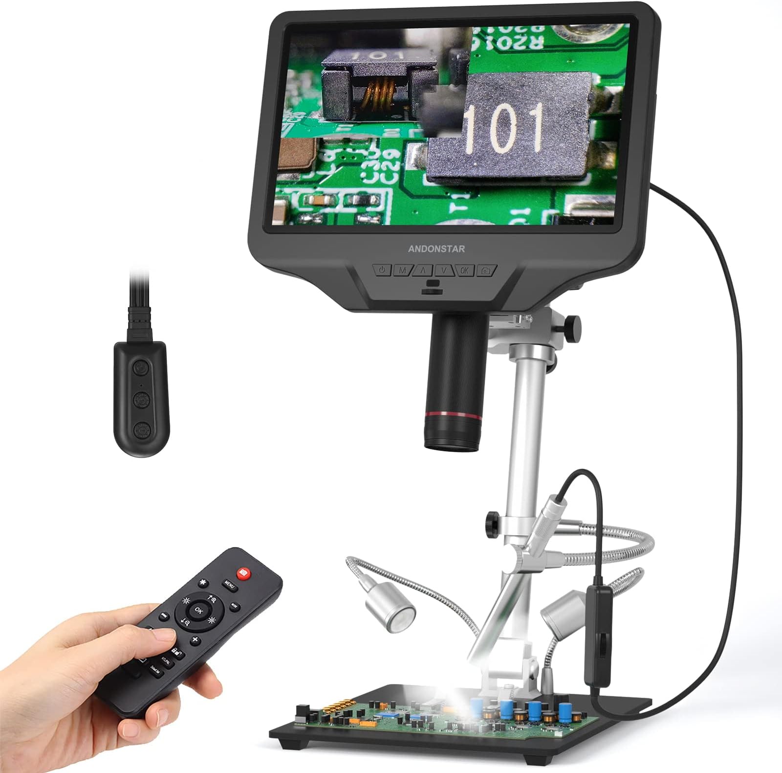 Andonstar AD409-Pro ES 10.1'' HDMI Digital Microscope for Adults with Endoscope, Soldering Microscope Camera with Pro Metal Stand for Electronic Circuit Board Repair, 2160P Video Record, Windows PC