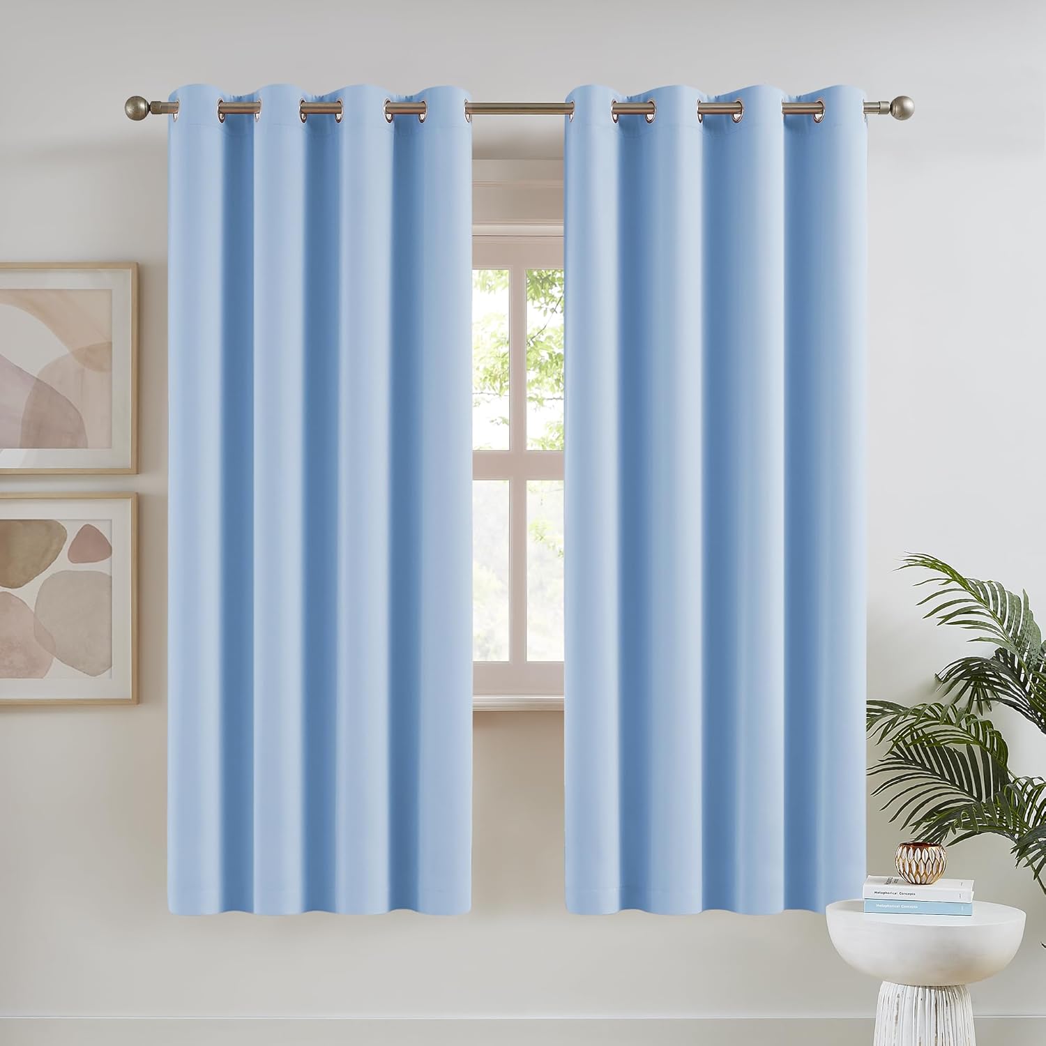 DUALIFE Cerulean Blue Blackout Curtain Panels Grommet Curtains for Living Room Solid Window Treatment Ring Top Room Darkening Bedroom Curtains Thermal Insulated Drapes 52 x 72 inch 2 Panels