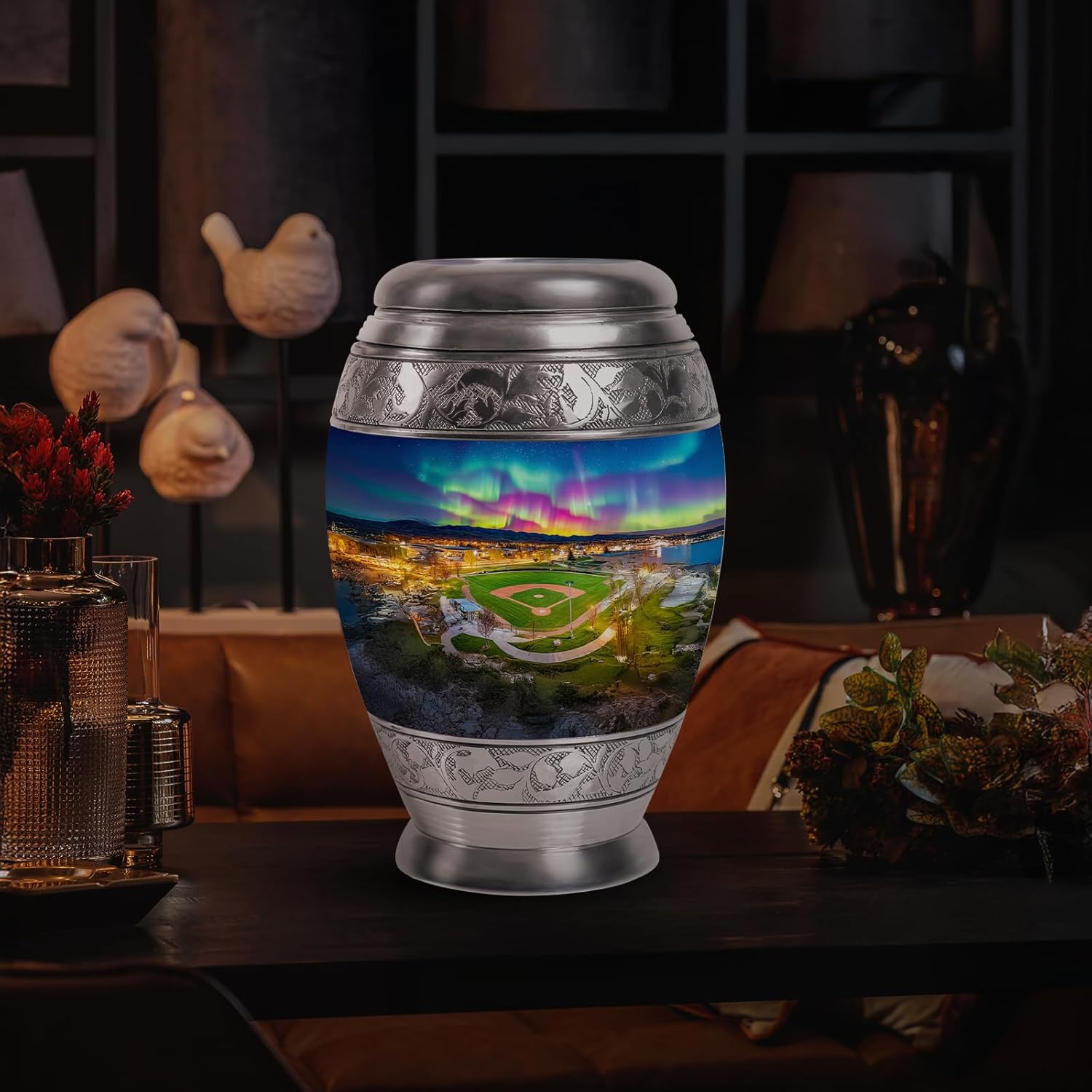 Yatskia Baseball Ground with Northern Lights Large Funeral Urns for Human Ashes Adult Male and Female, Cremation Blue Urn for Adult Ash, (Monar Large, 10 Inch)