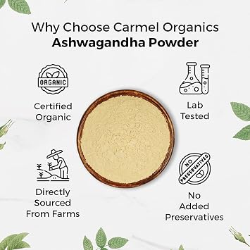 CARMEL ORGANICS Organic Ashwagandha Root Powder (8 Oz or 227g/0.5 Lbs) USDA Certified. Lab Tested, Non GMO & Gluten Free | Withania Somnifera from India
