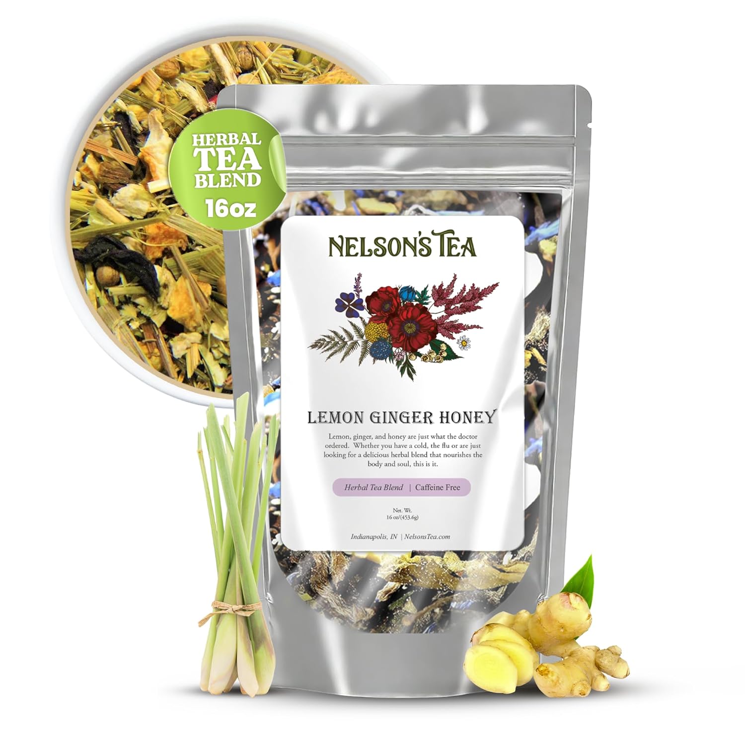 Nelson's Tea Lemon Ginger Honey - Cut & Sifted, Caffeine Free Herbal Loose Leaf Tea with Echinacea, Lemongrass, Bee Pollen, Marshmallow Root, Coriander, Hibiscus and Oat Straw Loose Leaf Tea (16 oz)