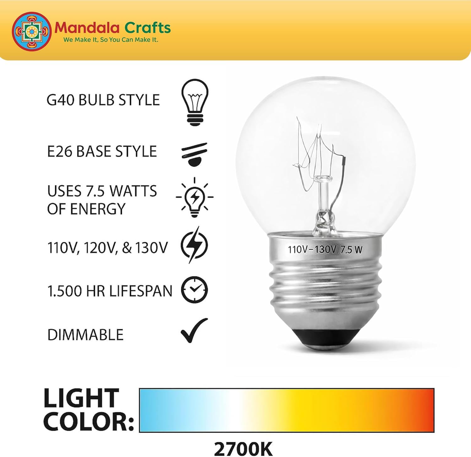 Mandala Crafts Clear Specialty Low Wattage Light Bulbs for Signs and Indicators, G40, 40 Lumens, 7.5 W, E26 Base, 6 Pack