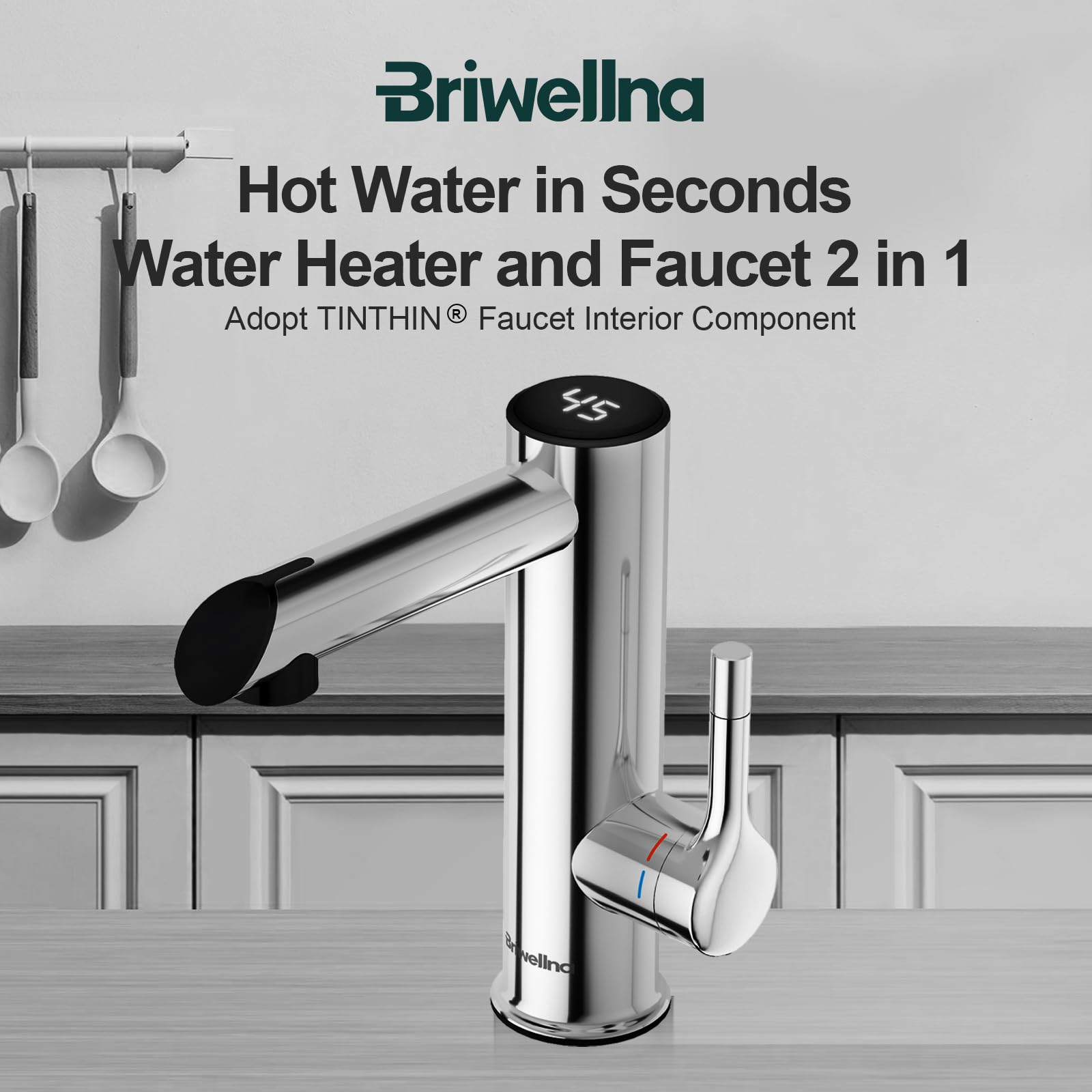 Edelstahl Elektrischer Wasserhahn, 220V Warmwasserhahn,Durchlauferhitzer Wasserhahn für Bad, Elektrische Armatur mit Digitalanzeige (Chrom)