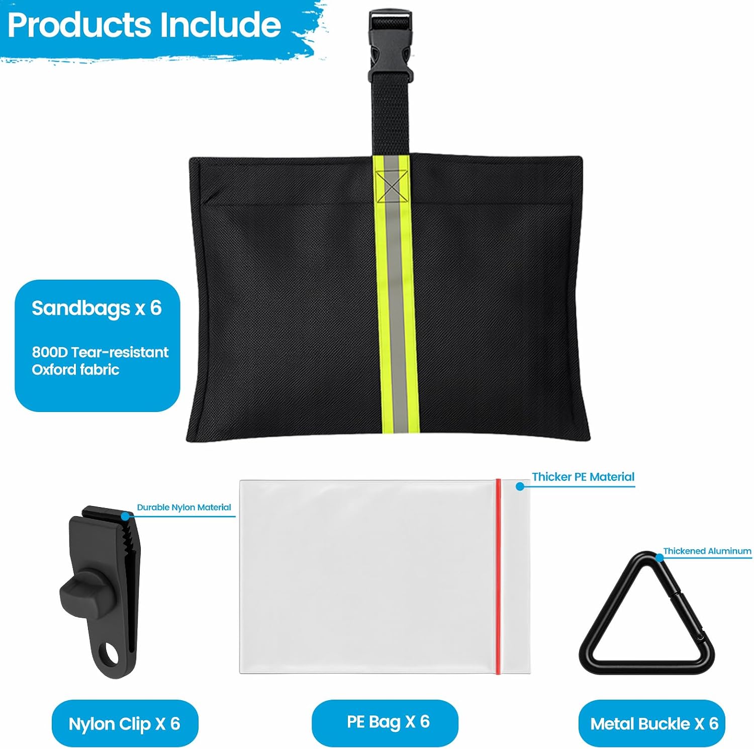 6 Pack Boat Cover Sandbags, 800D Marine Grade Polyester Fabric Reflective Sand Bag Mooring Kit, Windproof Boat Cover Weight Bags with Tarp Clip Accessories