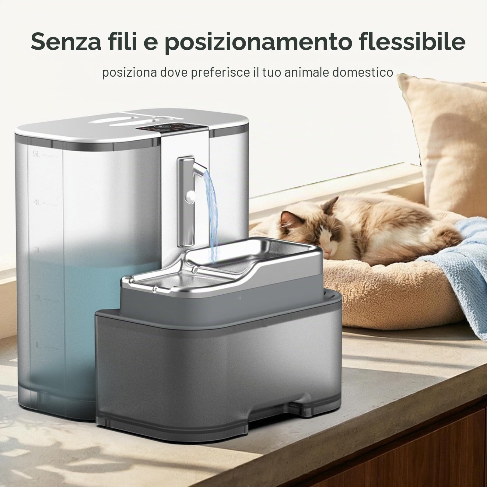 Marchul Fontana per gatti wireless da 5 litri senza filtri, con separazione dell'acqua di scarico, sensore di movimento e programmabile, vaschetta in acciaio inossidabile, alimentata a batterie