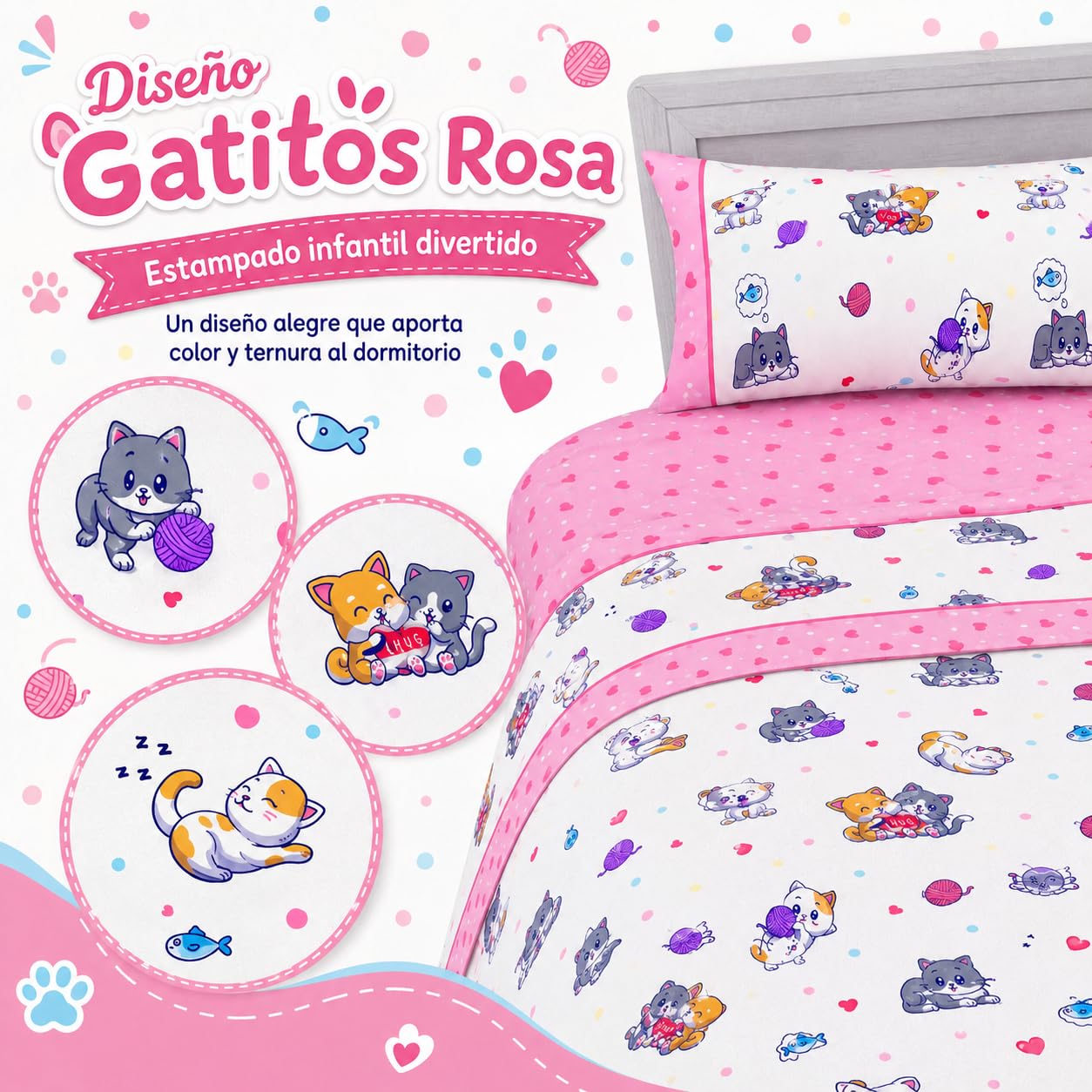 various Juego de Sábanas Infantiles Cama 90 cm Gatitos Rosa | 3 piezas, bajera ajustable, encimera y funda,50% algodón, 50% poliéster, uso diario infantil