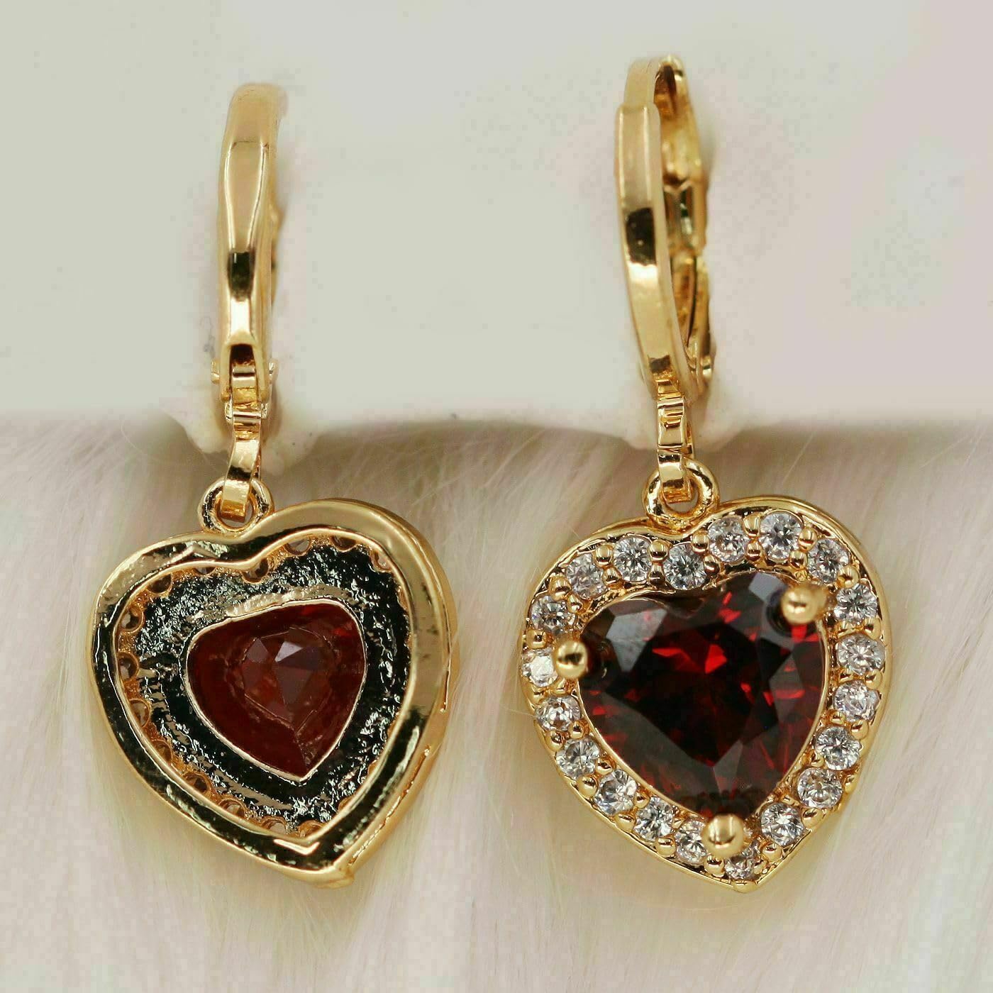 3 CT Heart Shape Simulated Red Garnet and White Diamond Halo Drop Dangle Earrings In 14K Yellow Gold Plated