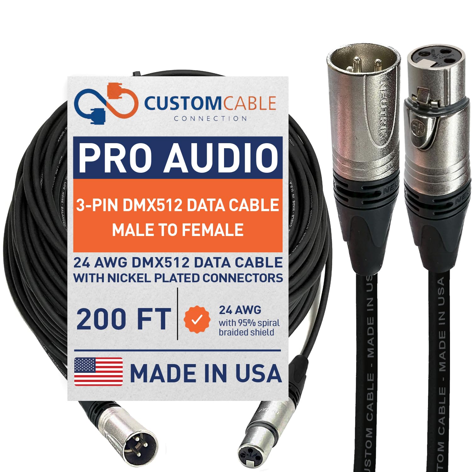 Custom Cable Connection 200 Foot 3-Pin XLR 24 AWG (Gauge) DMX512 Data Cable Male to Female for Stage Lighting, LED Uplights, DJ Lights and DMX512 Controller- Made