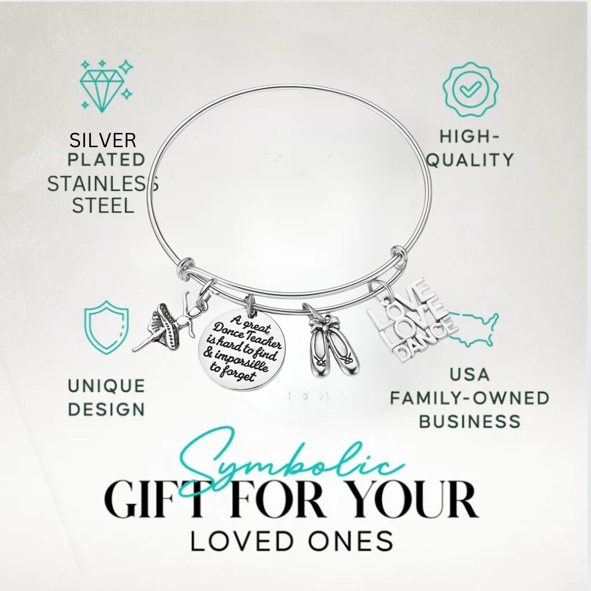 Dance Teacher Charm Bangle Bracelet – Adjustable Silver Bracelet with Engraved Quote and Dance Charms – Appreciation Gift with Velvet Jewelry Pouch