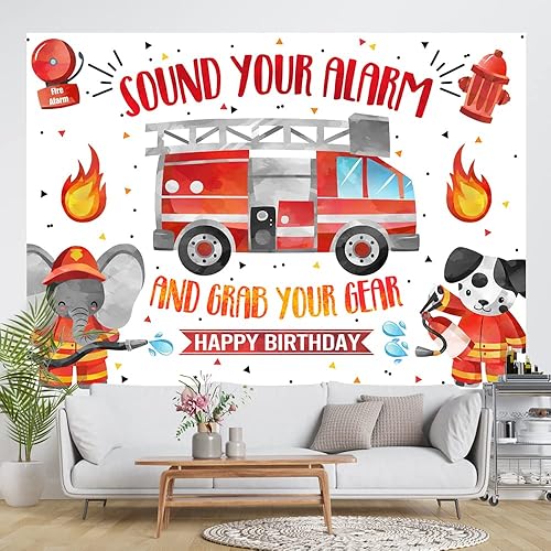Miniatura 4 de Ticuenicoa Telón de fondo de cumpleaños de bombero de 7 x 5 pies para niños, suena tu alabm y coge tu equipo, fondo de bomberos para niños,