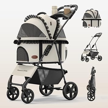 Happy & Polly Luxury Foldable Stroller with Shock-Absorbing Wheels for Small Dogs & Cats, White