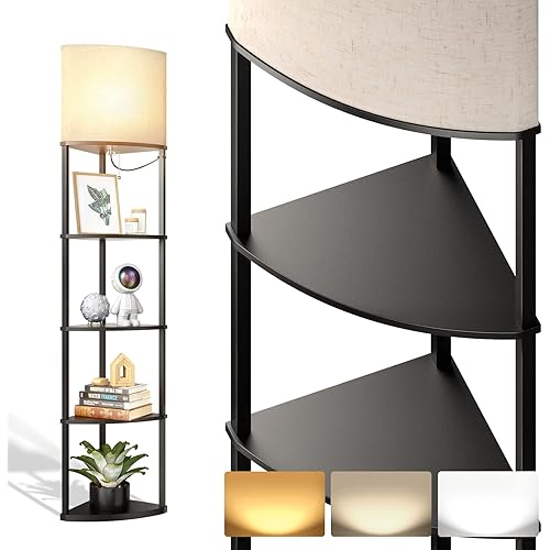 addlon 5-Tier Sector Corner Shelf Floor Lamp with 3 Color Temperatures LED Bulb and White Lamp Shade - Display Floor Lamps with Shelves for Living Room, Bedroom and Office - Black