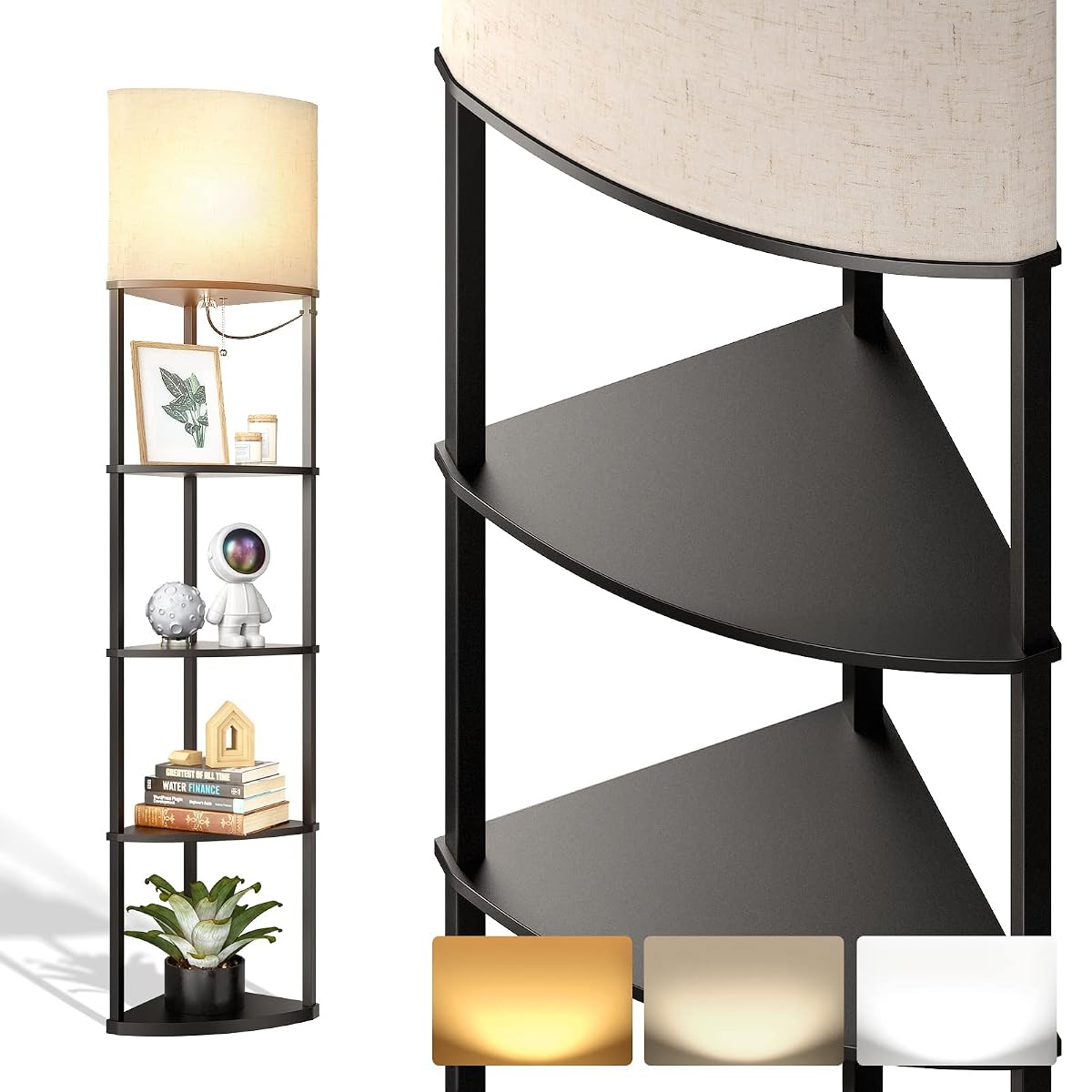 addlon 5-Tier Corner Shelf Floor Lamp with LED Bulb, Black, 70 Inch, Linen