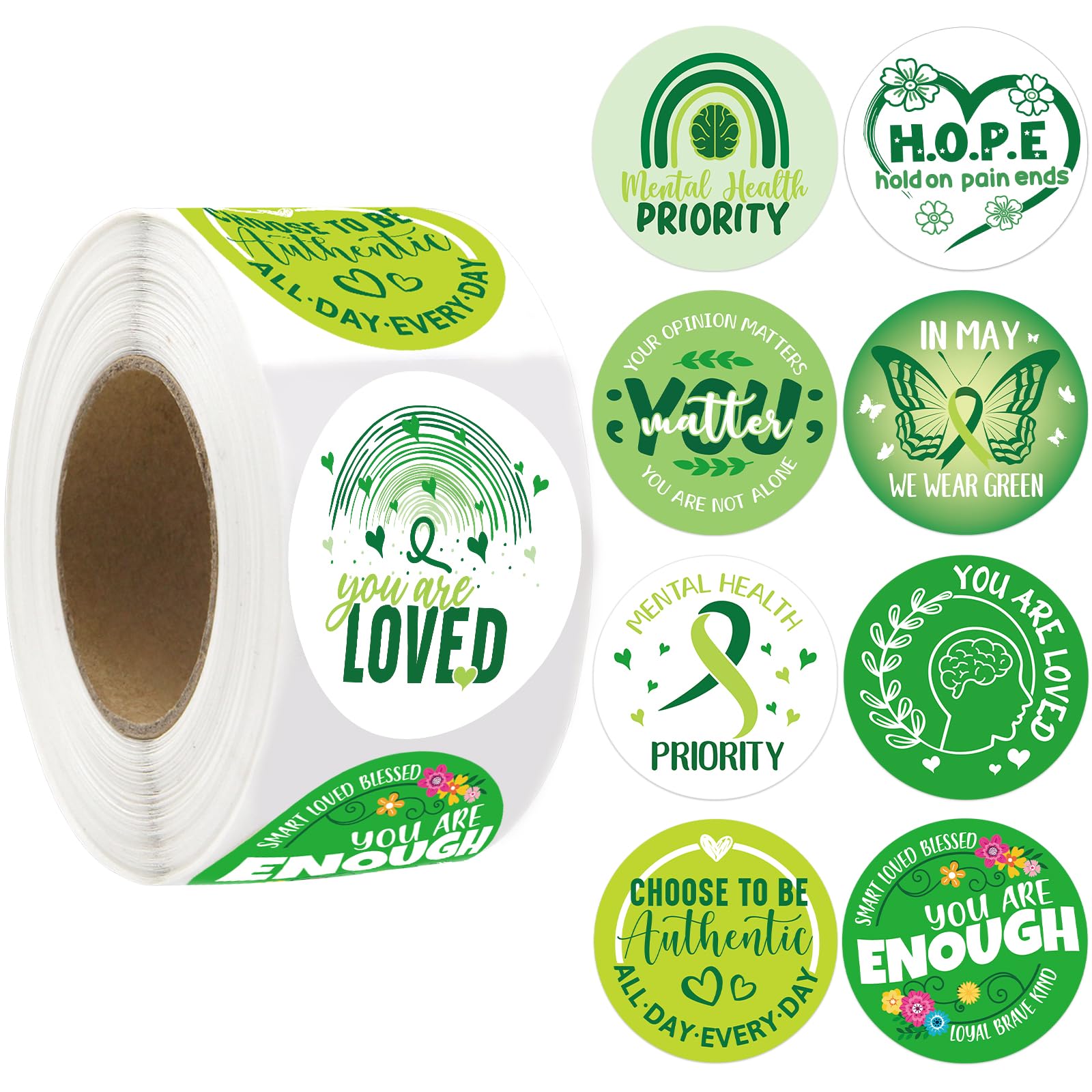 500Pcs Mental Health Stickers Roll Green Ribbon Sticker Mental Health Awareness Gifts for Adult Teenagers Handout Supplies Motivational Gift Bulk