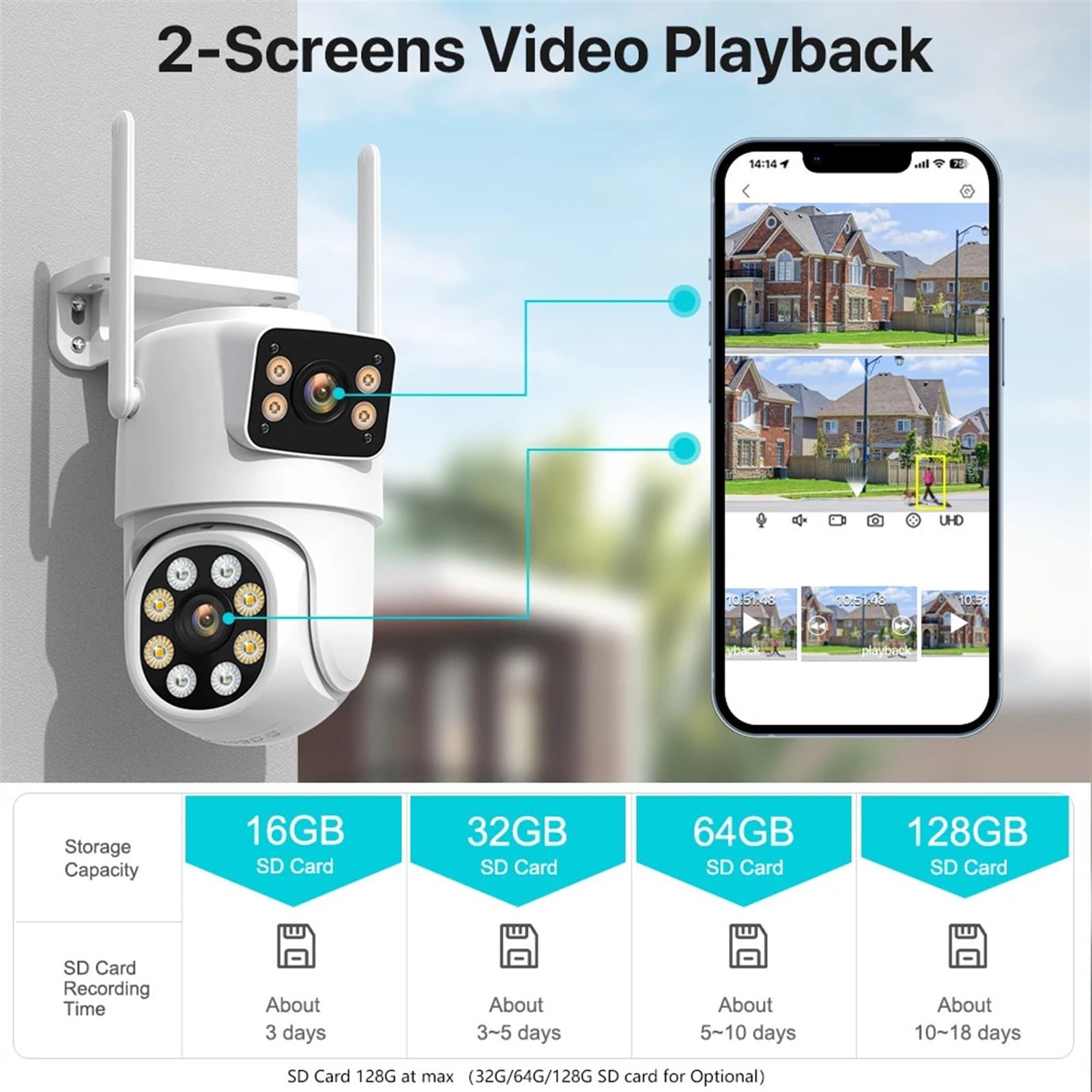 Telecamera di sicurezza, Telecamera PTZ 8MP 4K HD Doppia Lente Doppio Schermo 4MP IP Wireless Esterna AI Rilevamento Umano Video Sorveglianza P2P(8MP With 32G Card)