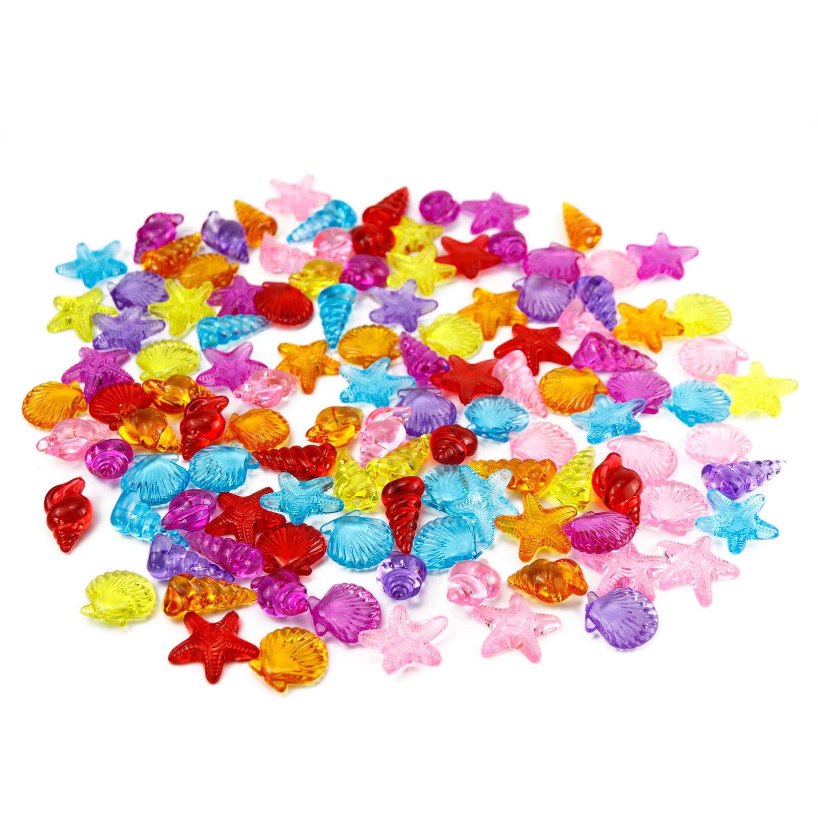 TOPASION 100+ Pcs Acrylic Sea Shells Mixed Seashells Starfish Conch for Beach Theme Party Wedding Decorations Crafts Vase Fillers Table Scatters