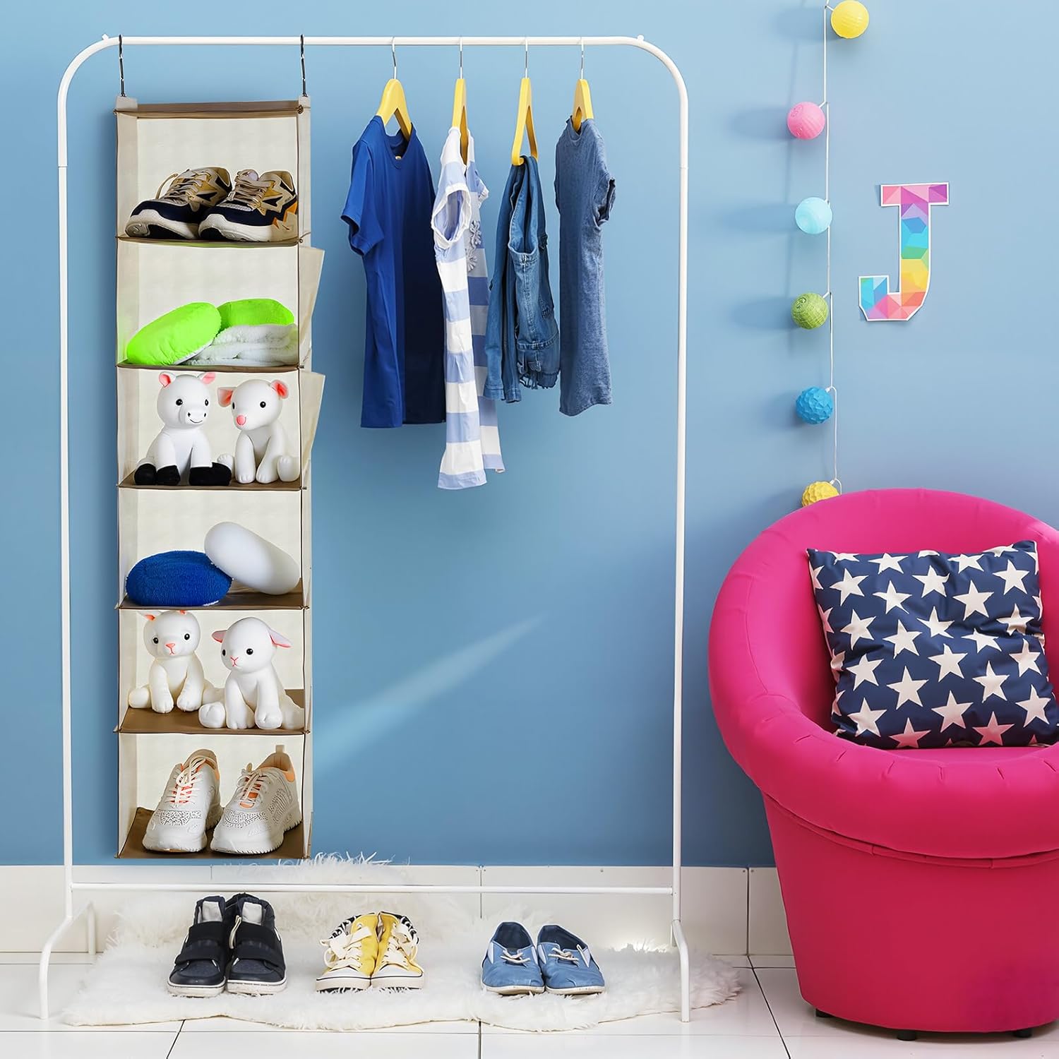 Leinuosen 6 Tier Shelf Hanging Closet Organizer Hanging Shelves for Closet with 2 Sturdy Hooks for Storage, for Dorm, 3 Pack, Foldable (Beige)