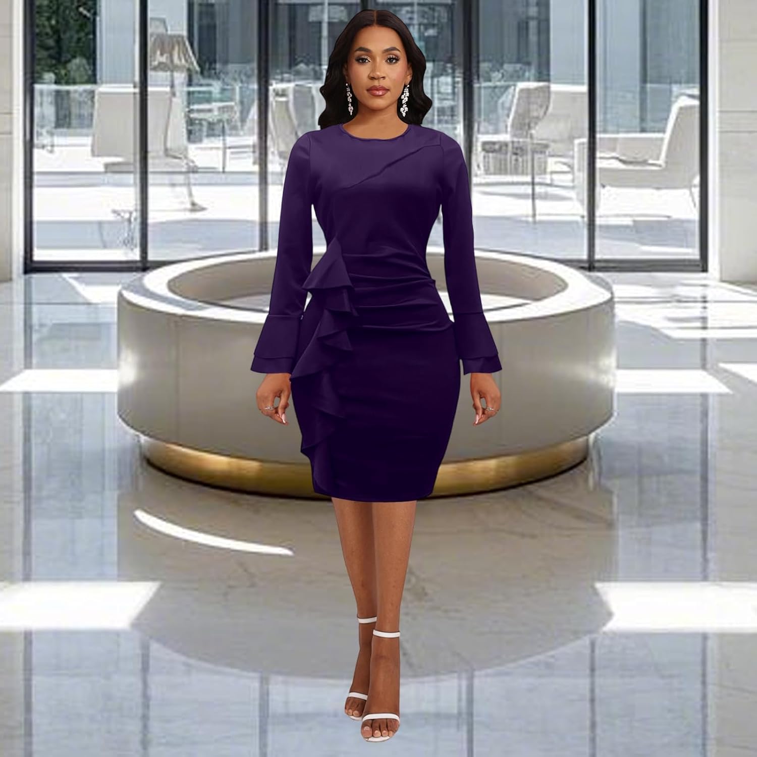 Church Dresses for Women Long Sleeve Bodycon Ruffle Vintage Wear to Work Pencil Midi Dress - Image 2