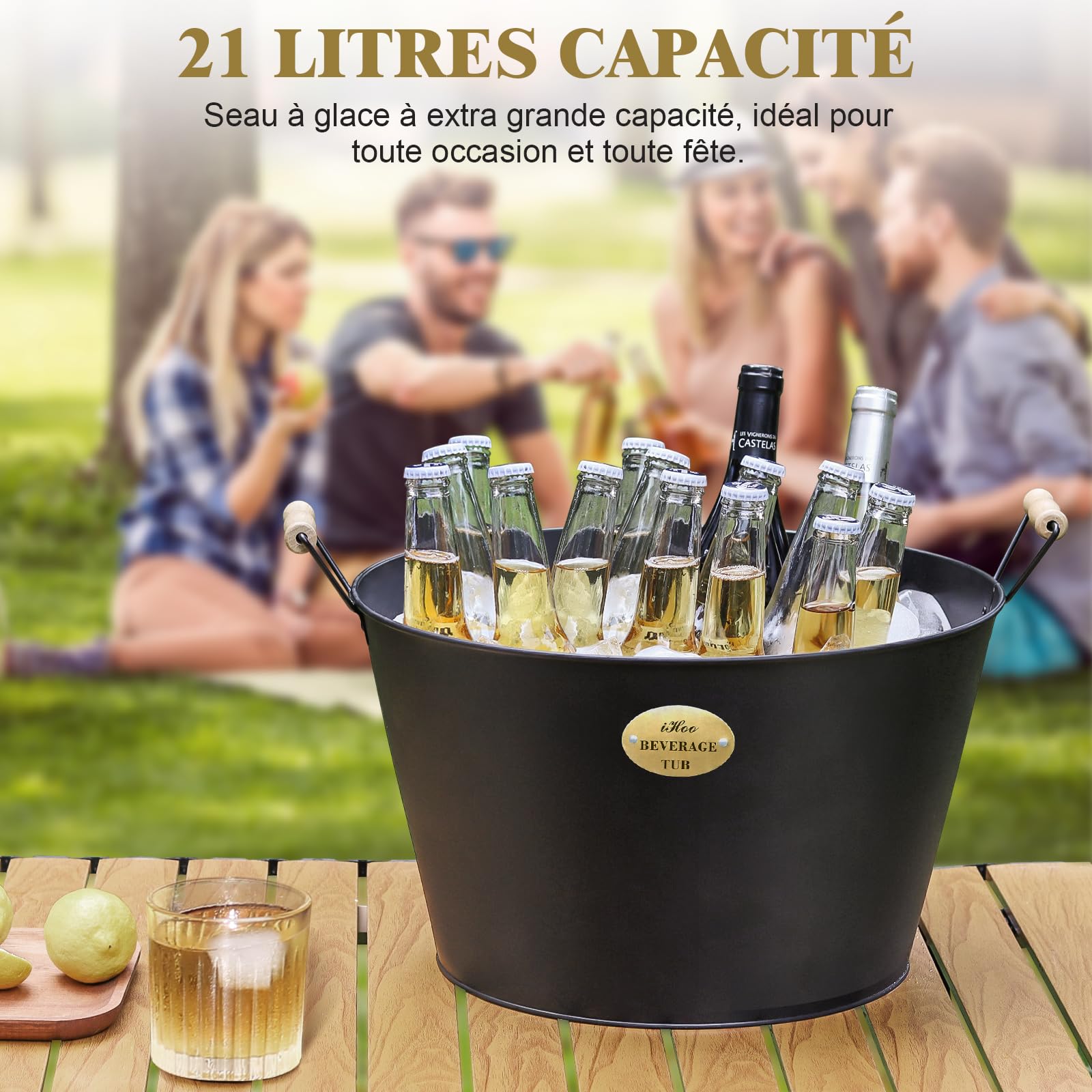21 L Bacs à Boisson pour Fêtes, Grand Seau à Glace avec Poignées en Bois, Bac Galvanisé Noir, Bacs Idéals pour Boissons en Fêtes