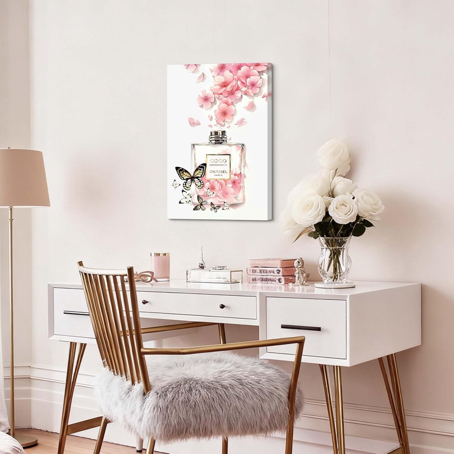ARTISTIC PATH Modern Butterfly Canvas Wall Art: Fashion Artwork Pink Flower Perfume Bottle Painting Chic Picture for Girl’s Bedroom Makeup Room