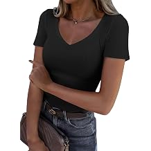 Roselux Women V Neck Ribbed Fitted Tight Tshirt Short Sleeve Shirt Basic Knit Top