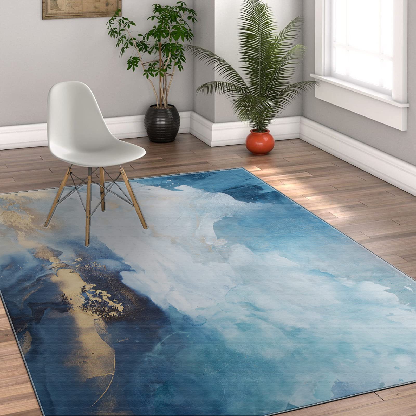 Abstrakter Blauer Himmel und Wolkenteppich Zeitgenössischer Marmor-Eisdesign-Bereichsteppiche Moderner Wirbel-Aquarell-Nicht-Schuppen-Schlafzimmerteppiche 60x90cm
