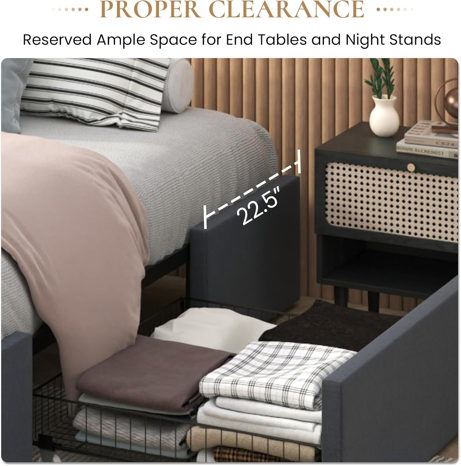 SHA CERLIN Modern Queen Platform Bed Frame with 3 Storage Drawers/Upholstered Wing Side Panel Design/Wooden Slats Support/Mattress Foundation/Noise Free/Easy Assembly/Dark Grey