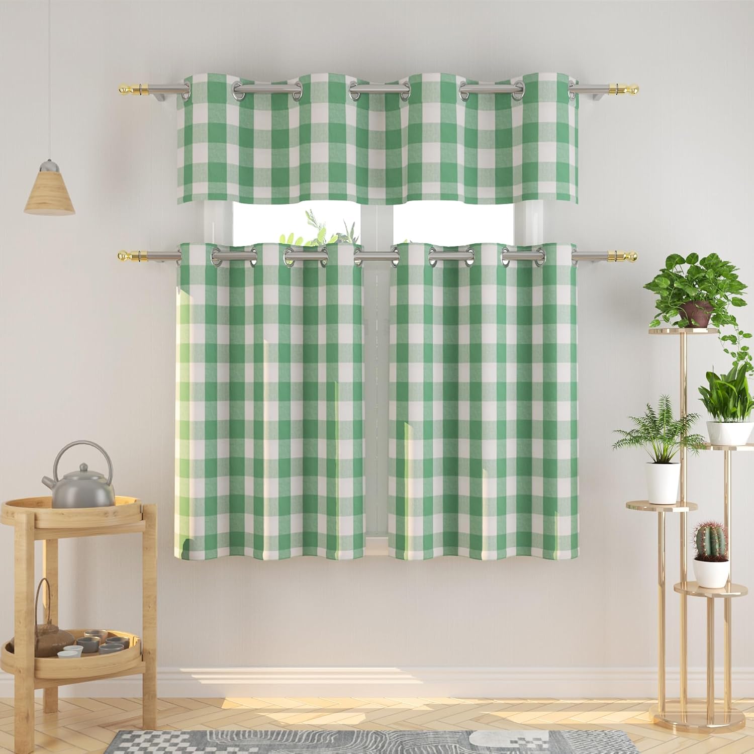 3 Pc Cotton Classic Country Farmhouse Kitchen Window Curtain Grommet Top -Mint Green & White Buffalo Check Tier & Valance Set, 54" x 18" / 32" x 30"
