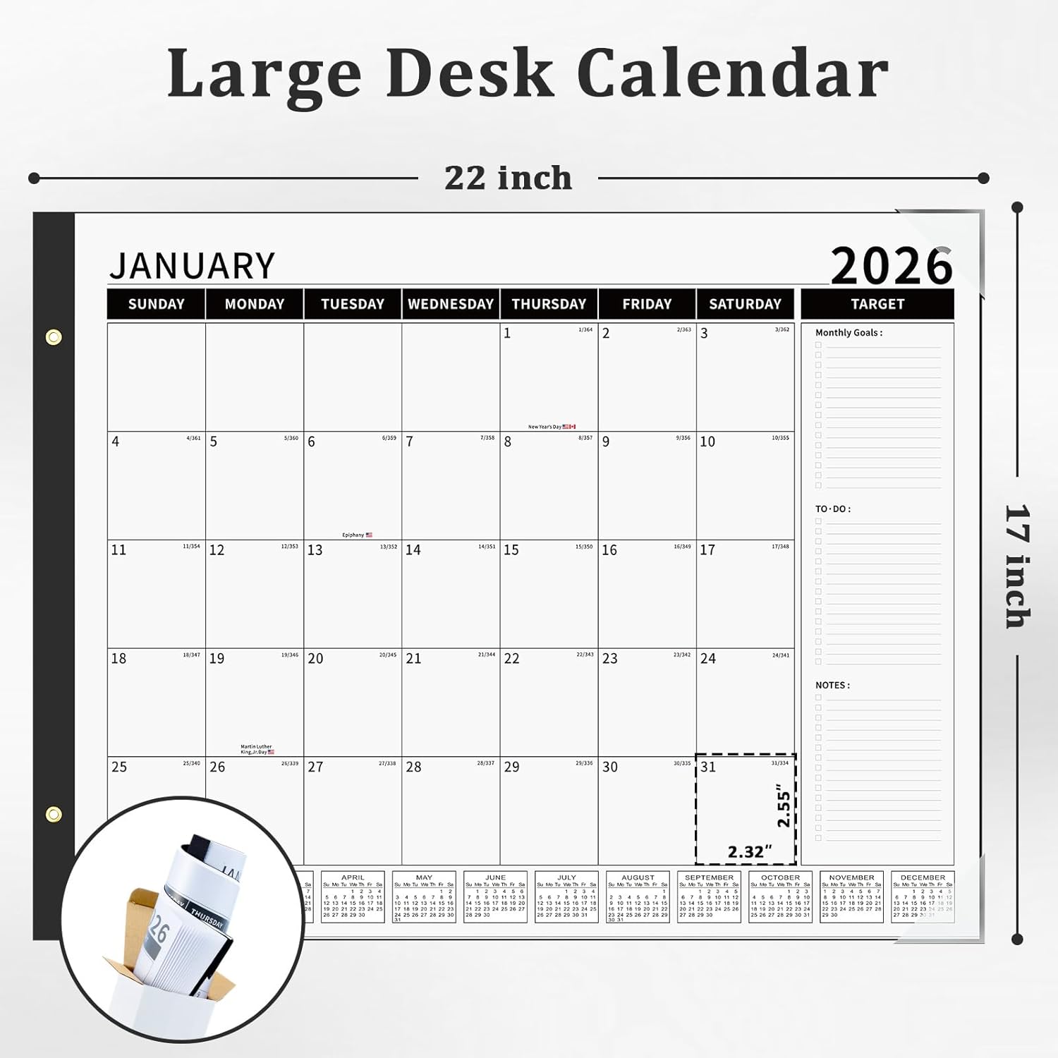 ospelelf desk calendar 2026-2027 large 22"x17" monthly family planner pad with protective cover 18 months january 2026 - june 2027 black black 22" x 17" (jan.2026 - june.2027)