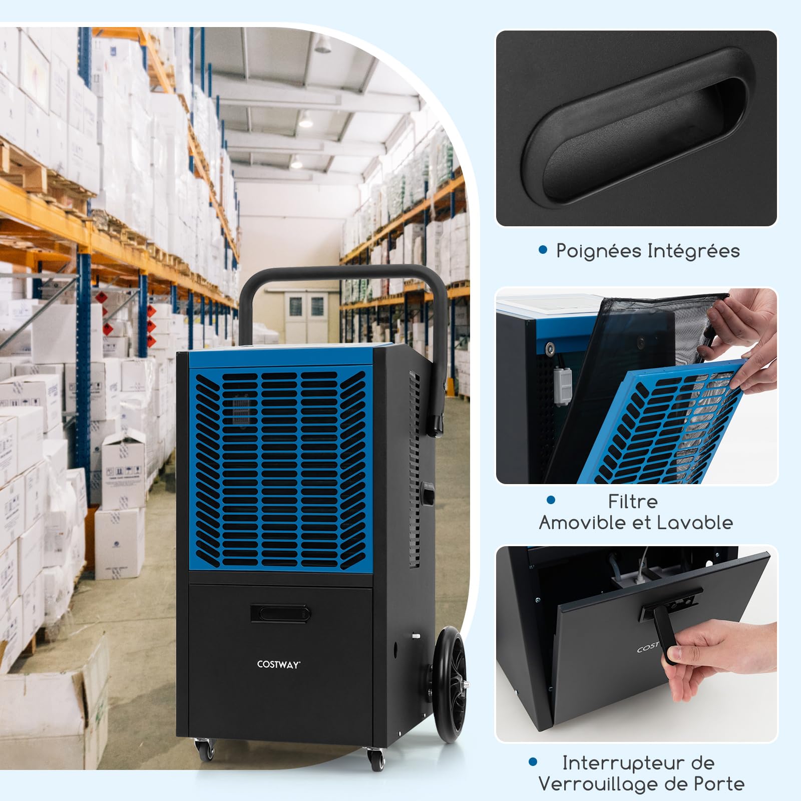 COSTWAY Déshumidificateur Industriel 66L/Jour avec Pompe (Bleu)